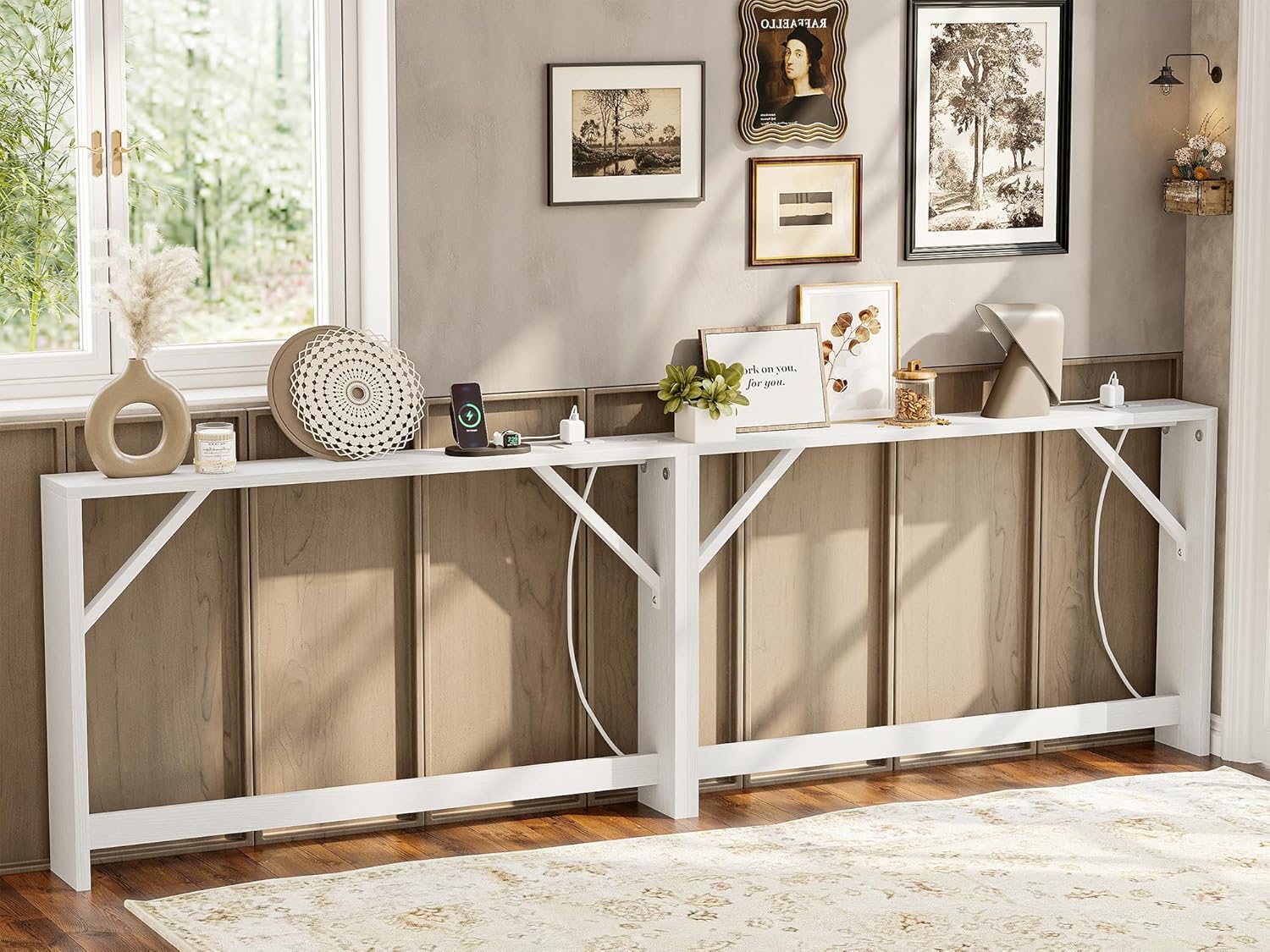 tiqlab 5.9 inch narrow console table with power outlet,sofa table, total length 94'' sofa table behind couch, for entryway&living room, white 5.9''d x 94''l x 31.5'' white