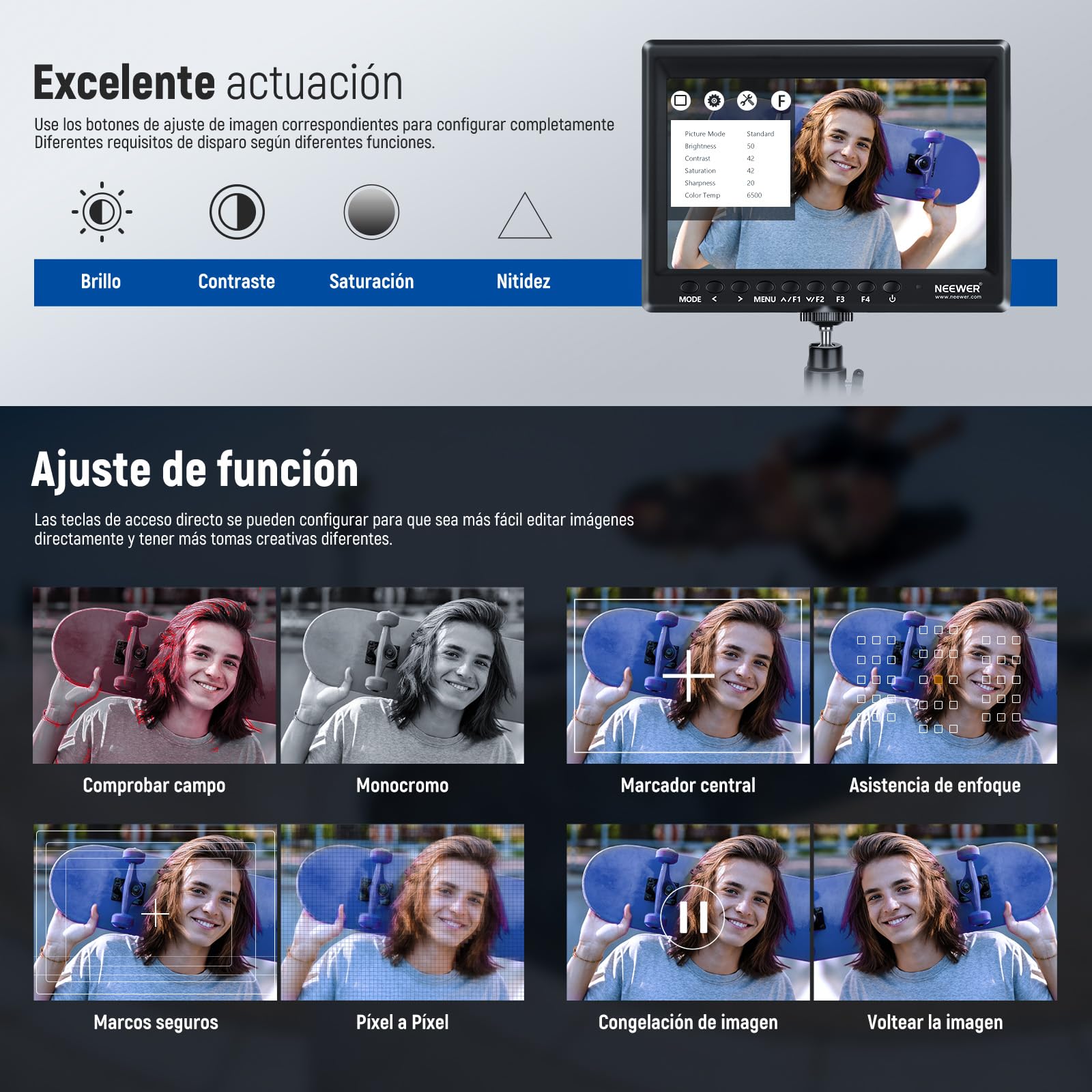 NEEWER Monitor de Campo de cámara F100 de 7 Pulgadas, Asistencia de Video HD de 450 nits, IPS 1280 x 800 HDMI 1080p con Enfoque máximo/histograma/batería F750, Cabezal de Bola de 360° para cámaras