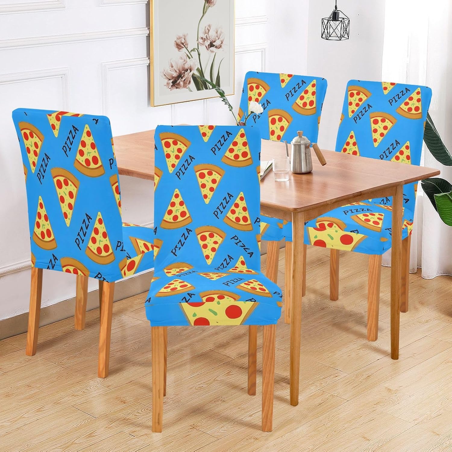 ALAZA Chair Covers for Dining Room, Pizza on Blue Stretch Chair Cover Sets Chair Protector Removable Washable for Ktichen Restaurant Hotel