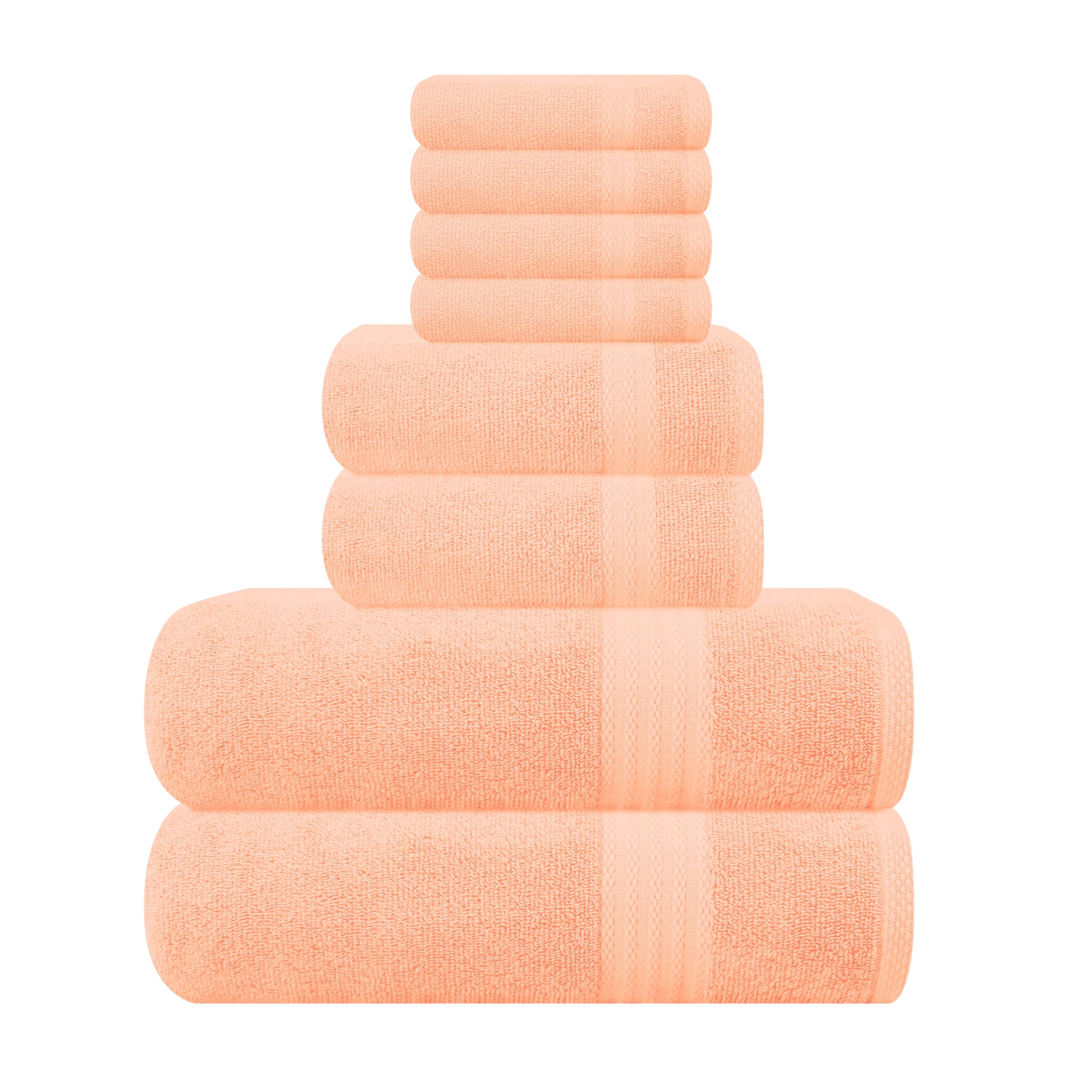 GLAMBURG Ultra Soft 8-Piece Towel Set - 100% Pure Ringspun Cotton, Contains 2 Oversized Bath Towels 27x54, 2 Hand Towels 16x28, 4 Wash Cloths 13x13 - Ideal for Everyday use, Hotel &amp; Spa - Peach