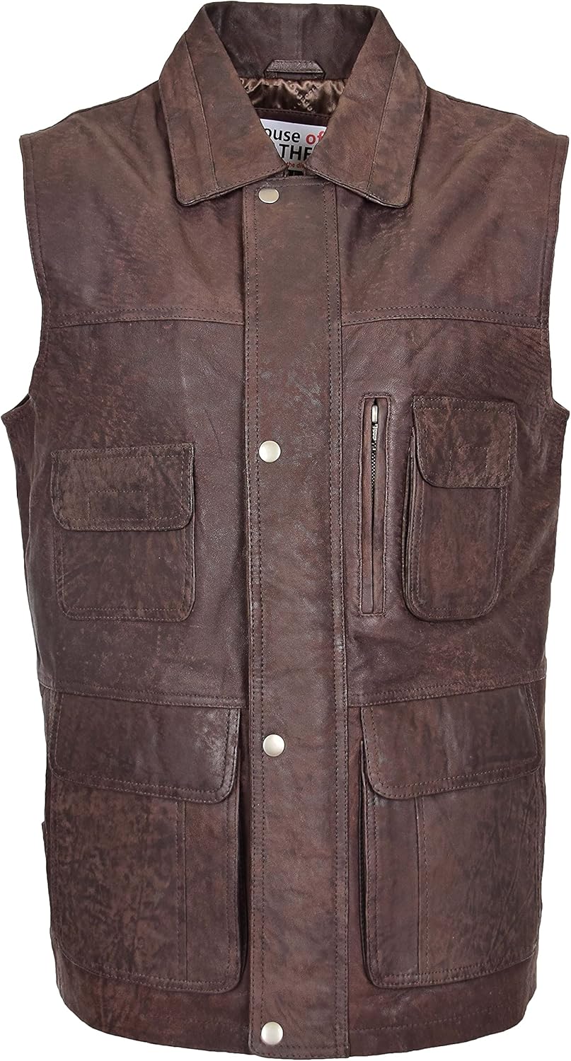 Mens Real Leather Gilet Vest Multi Purpose Waistcoat Roger Brown