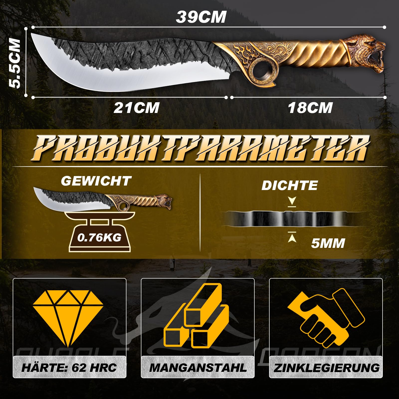 Purple Dragon Outdoor Messer 5mm Klinge Manganstahl Zinkgriff mit Scheide | Outdoor Messer, 5mm starke Klinge aus Manganstahl, robuster Zinklegierungsgriff, mit Scheide, ideal zum Holzhacken und Campen