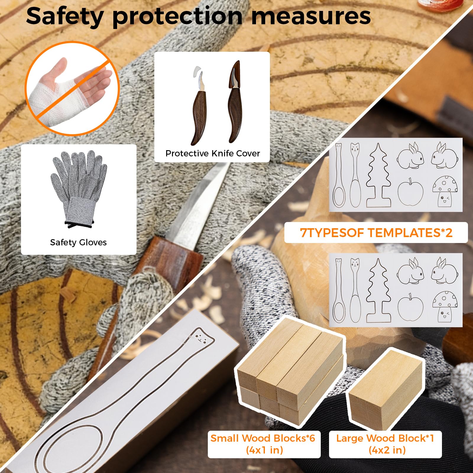 Kit de tallado de madera de 68 piezas para adultos y principiantes, 16 cuchillos y cinceles, 8 bloques de tilo, rollo de herramientas de cuero, guantes de seguridad, pinturas y plantillas, juego