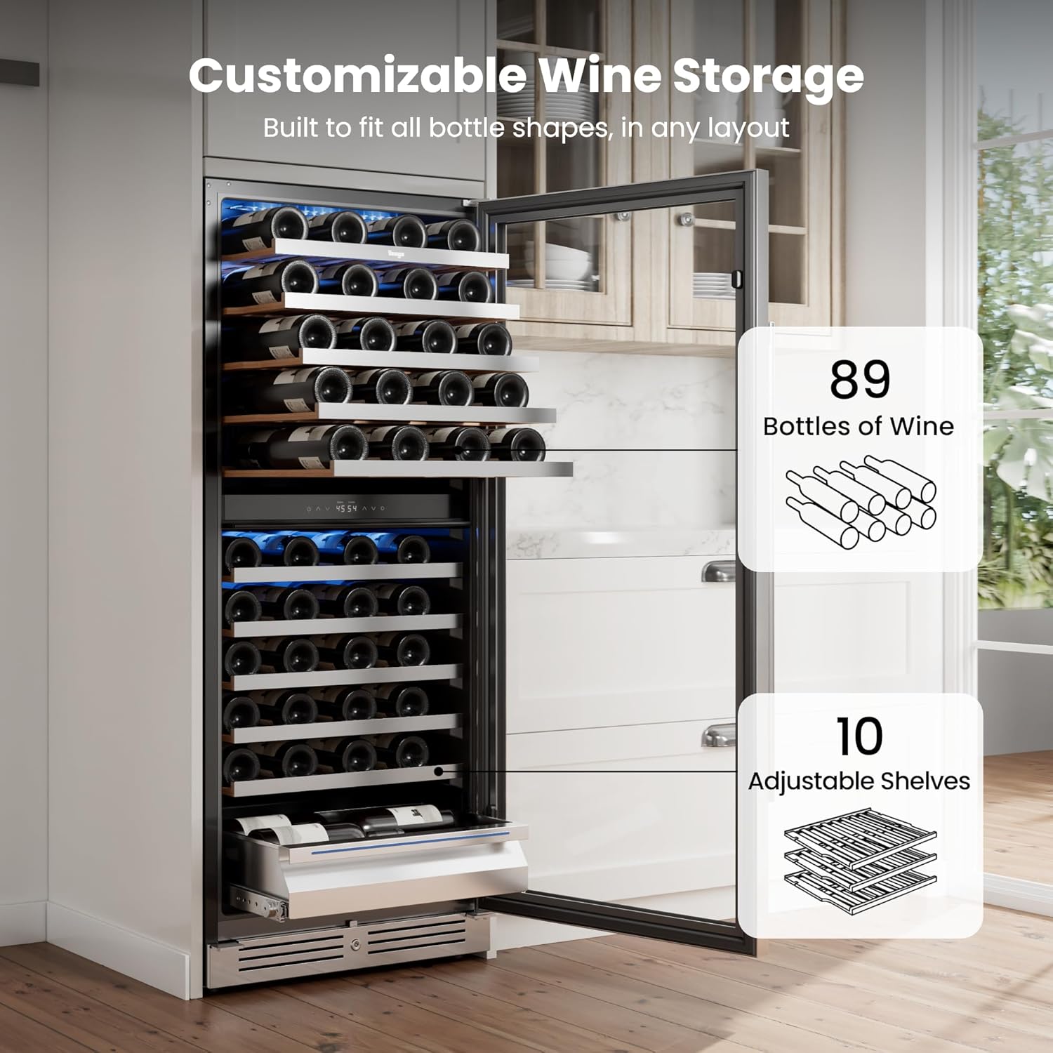 Yeego 24 Inch Wine Fridge, 40°F-65°F Dual Zone Wine Cooler Refrigerator, 304 Stainless Steel Glass Door Lock, Temp Memory Blue & White LED Built-in Fridge with Adjustable Shelves (89 Bottle)