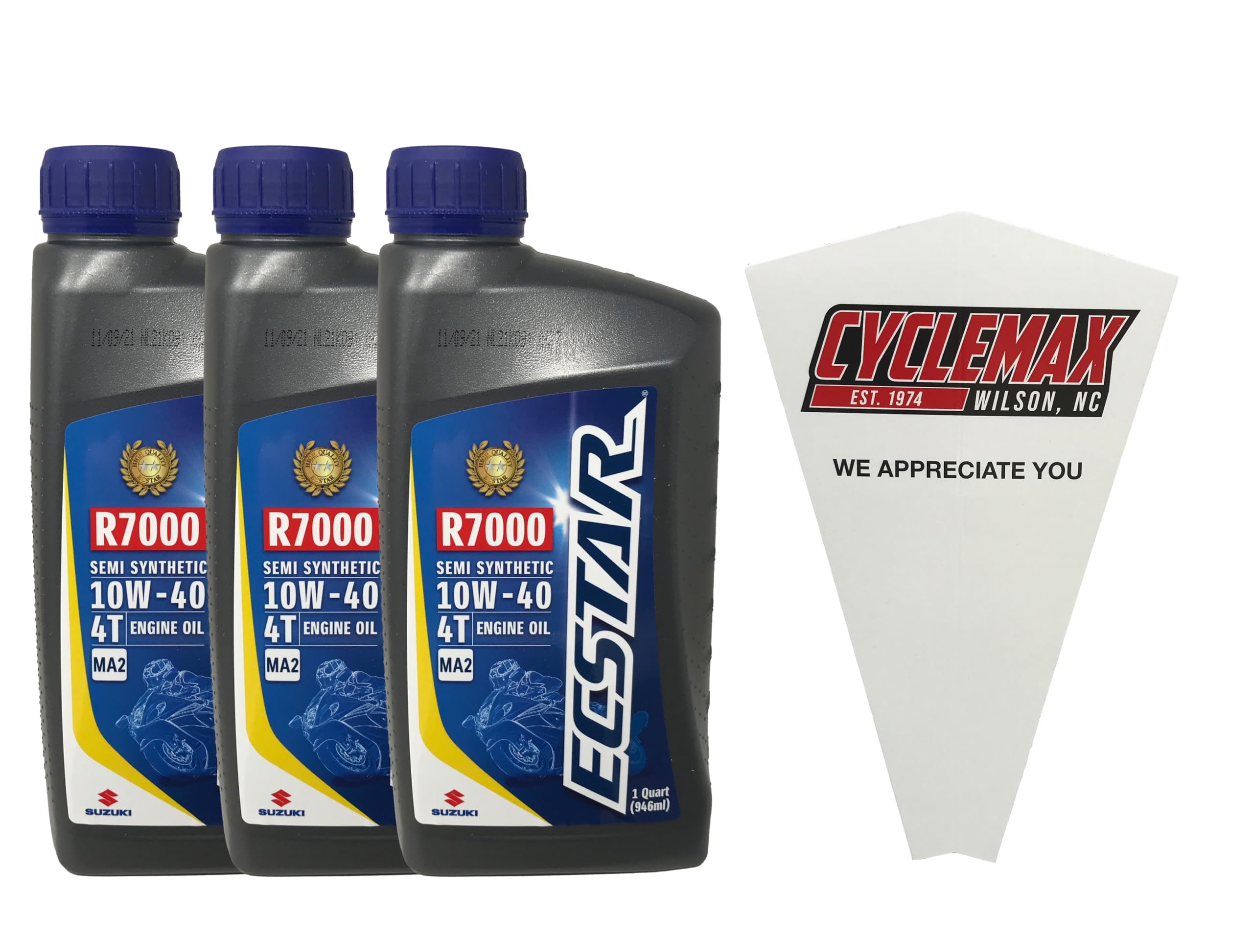 Three Pack compatible with Suzuki Ecstar R7000 10W-40 Semi Synthetic Blend 4-Stroke Motor Oil 990A0-01E30-01Q Contains Three Quarts and a Funnel
