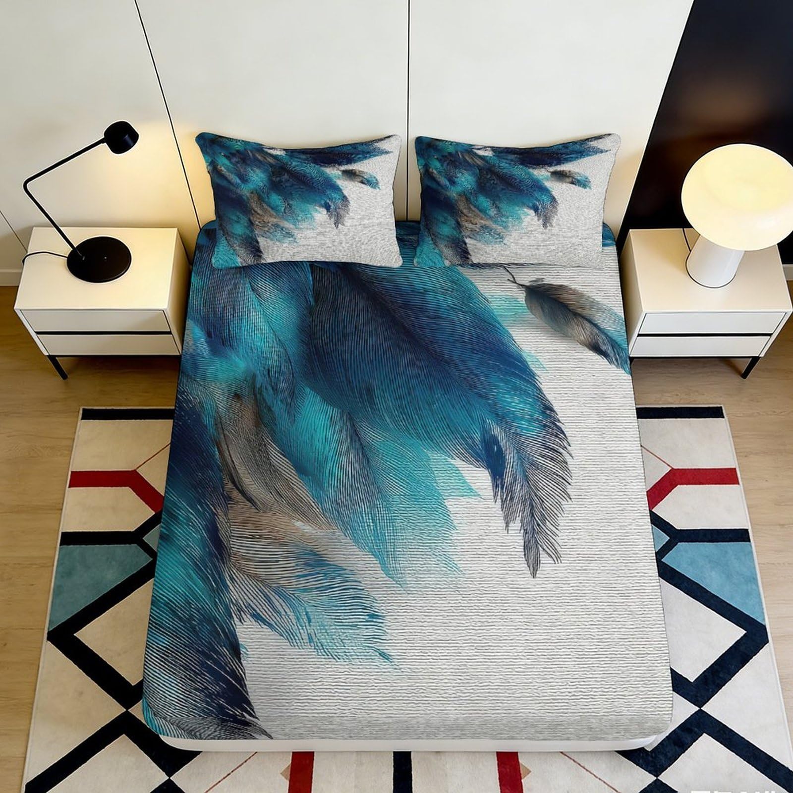 3D Printed Blue Feather Art Fitted Sheet Microfiber Soft Breathable Grey Abstract Mattress Cover for Bedroom Guest Room Decor 90x200x25cm
