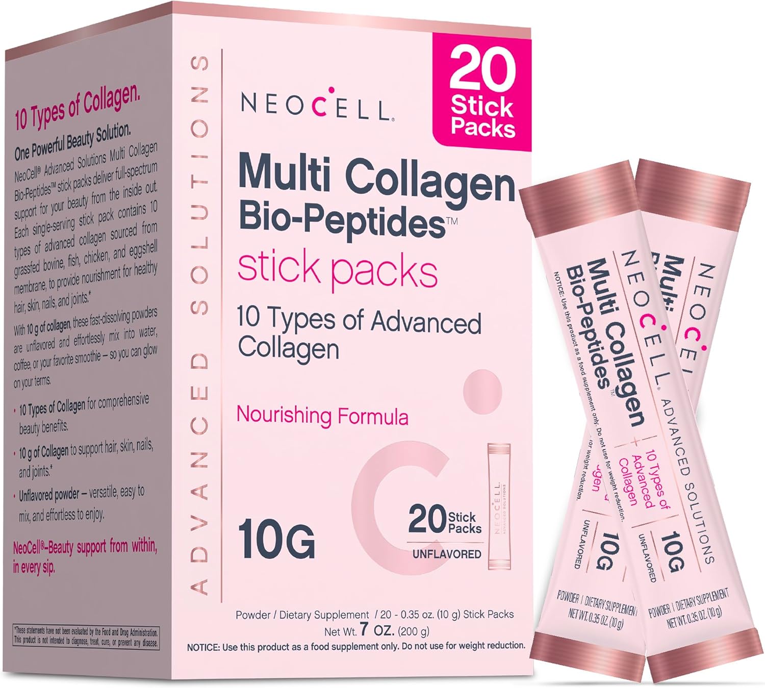 NeoCell Multi Collagen Powder | 20 Stick Packs | Unflavored and Mixes Easily | 10 Types of Advanced Collagen Bio-Peptides | Superior Absorption