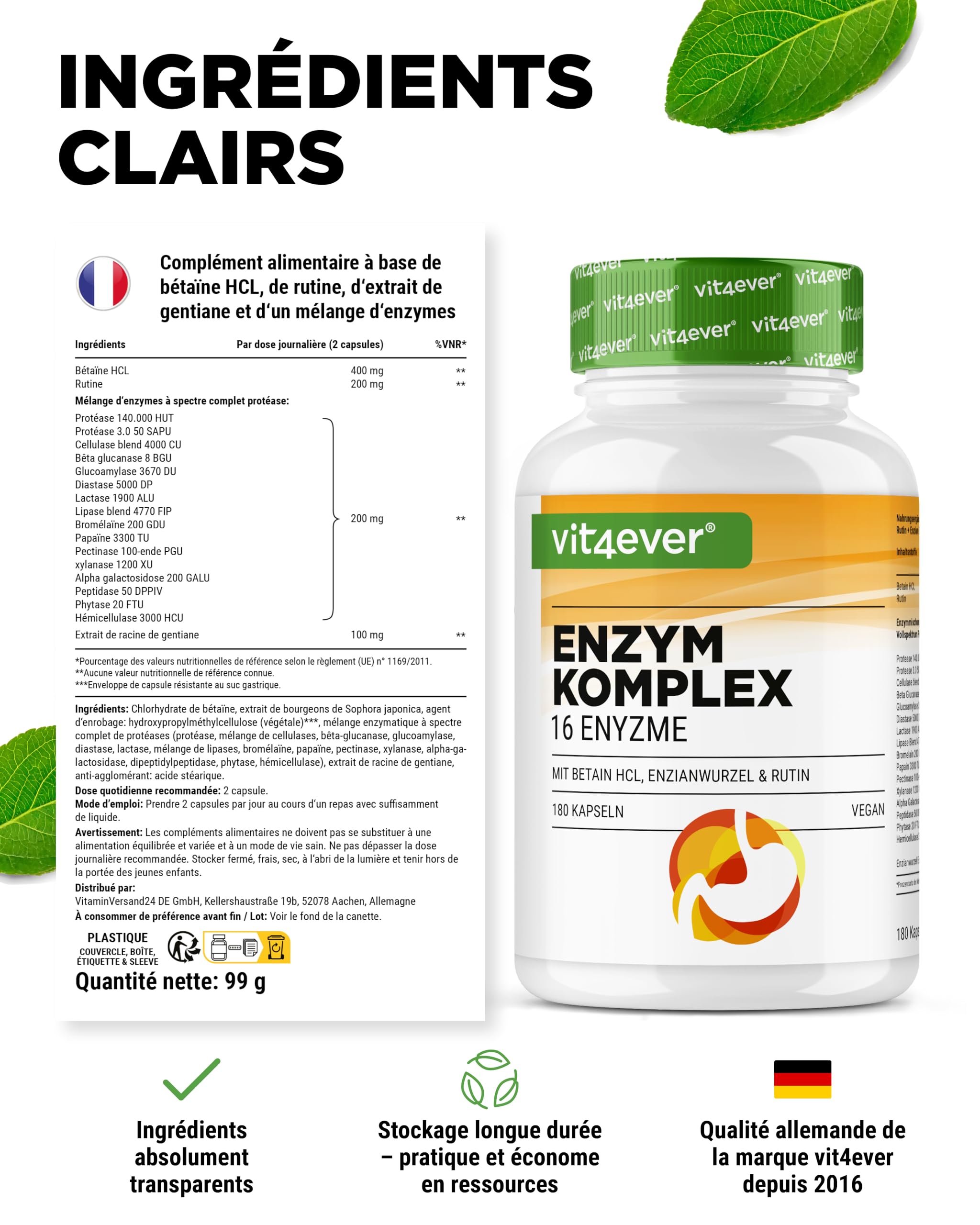 Enzymes Digestives - 180 Gélules avec 16 Enzymes plus Bétaïne HCL, Rutine & Racine de Gentiane - Avec Bromélaïne, Papaïne, Amylase, Lipase, Protéase, Lactase - Végétalien - Fortement Dosé