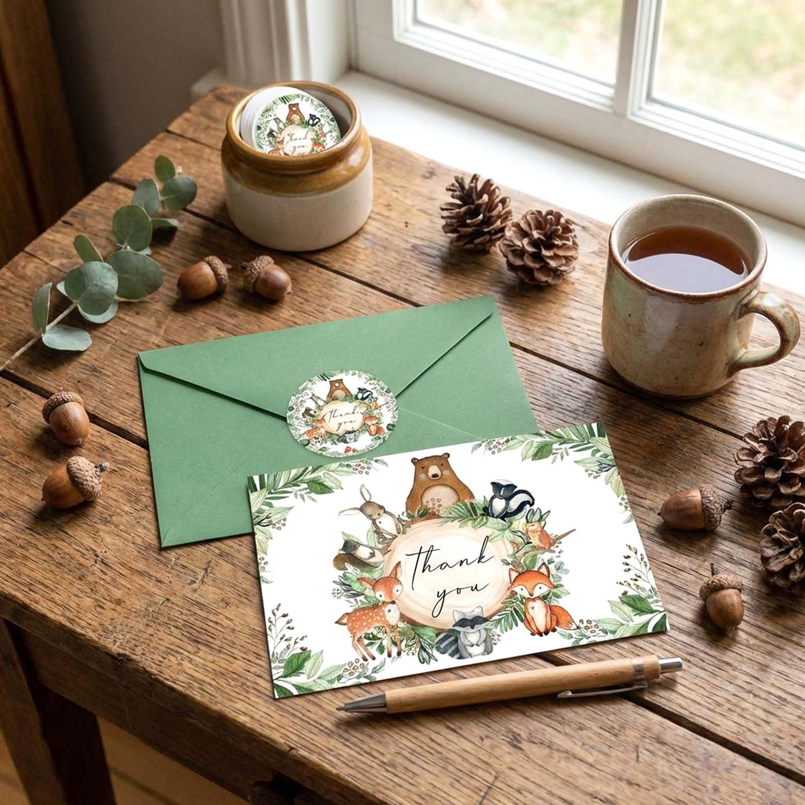 Woodland Dankeskarten, Waldtiere, Dankeskarten, 10,2 x 15,2 cm, mit passenden Umschlägen und Aufklebern, grüne Notizkarten, Wald-Baby-Party, Geburtstag, Dankeskarten (50 Stück)