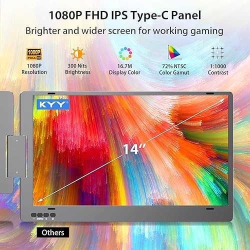 Miniatura 4 de KYY Extensor de pantalla triple para laptop, monitor extendido portátil dual 1080P FHD IPS de 14 pulgadas, USB C de viaje para laptop de 12 a 16