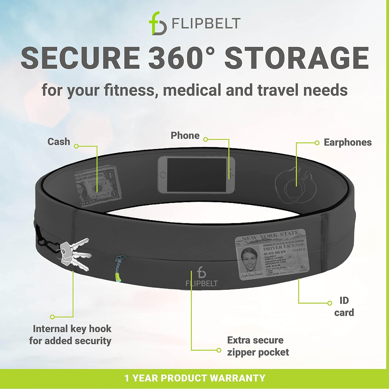 FlipBelt Zipper Running Belt | Fitness and Running Fanny Pack for Women and Men | Non Chafing Waist Band Pack for Phone Keys Money | Moisture Wicking Storage Belt | USA Company : Sports & Outdoors
