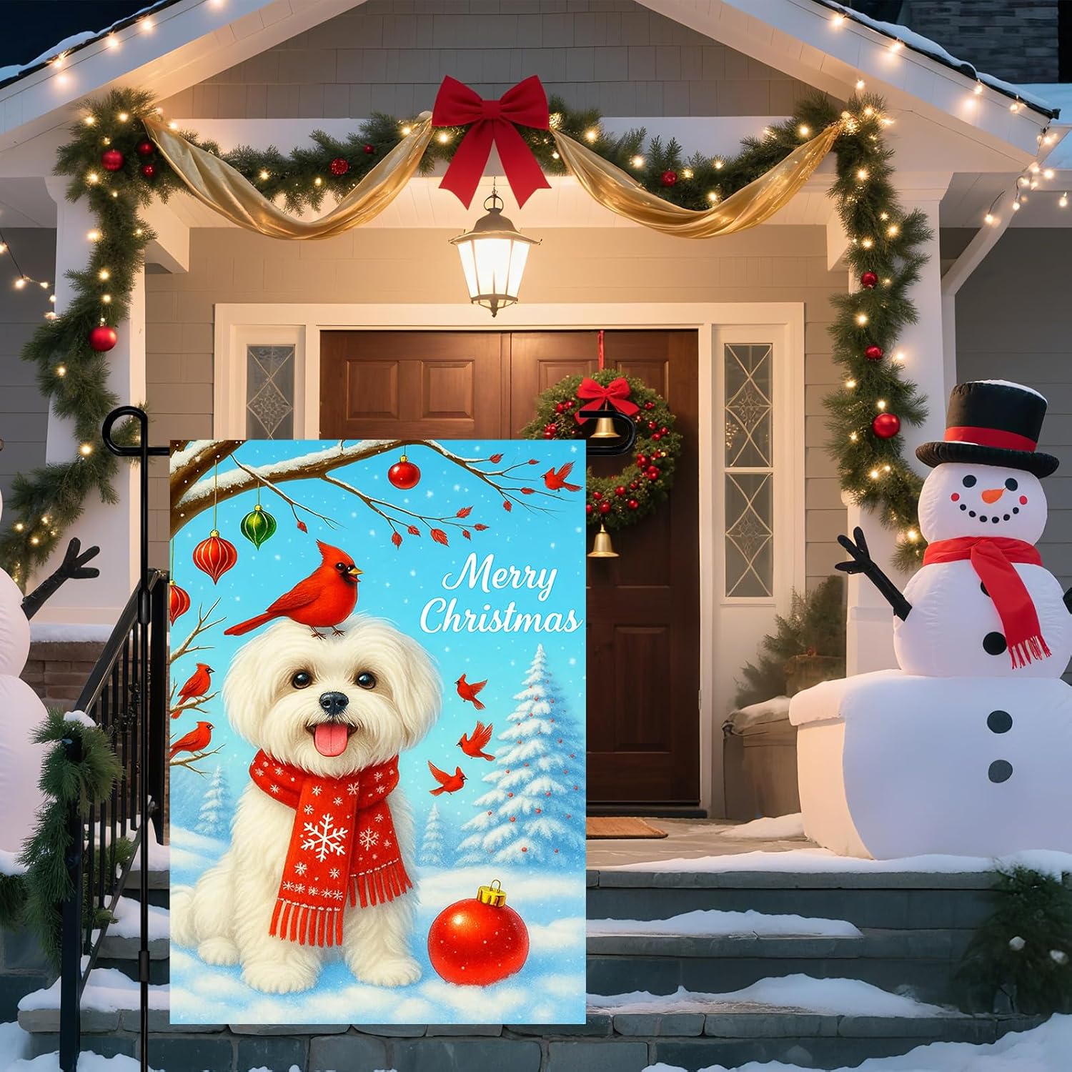 IVN Christmas Garden Flag 12x18 Inch Double Sided Bichon Frise Dog in Red Scarf with Merry Christmas Text and Red Bird Outdoor Yard Flag for Outside Home Front Door Lawn Porch Patio Welcome Decor - Image 2