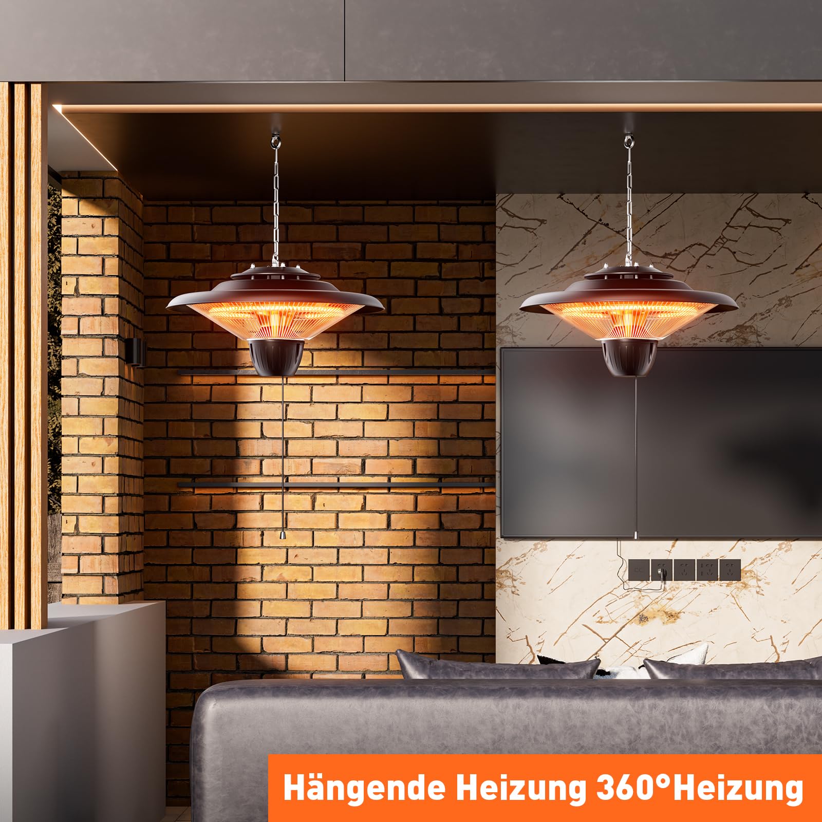 Elektrischer Infrarot Heizstrahler 1500W, Deckenheizung, Hängend für Terrasse & Balkon, Wasserdicht Elektrisch Terrassenstrahler für Innen & Außen, Schwarz