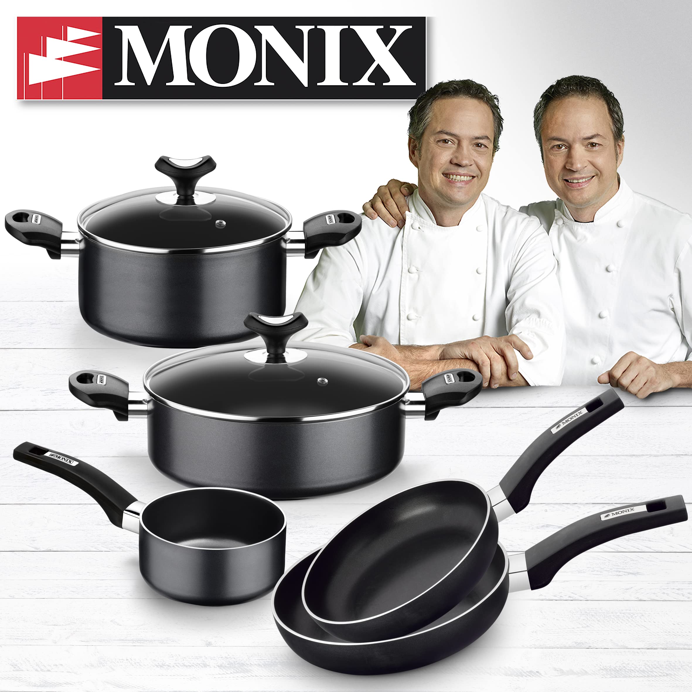 MONIX Resistent Plus Batería De Cocina De 5 Piezas Y Set De 2 Sartenes, Aluminio, Negro