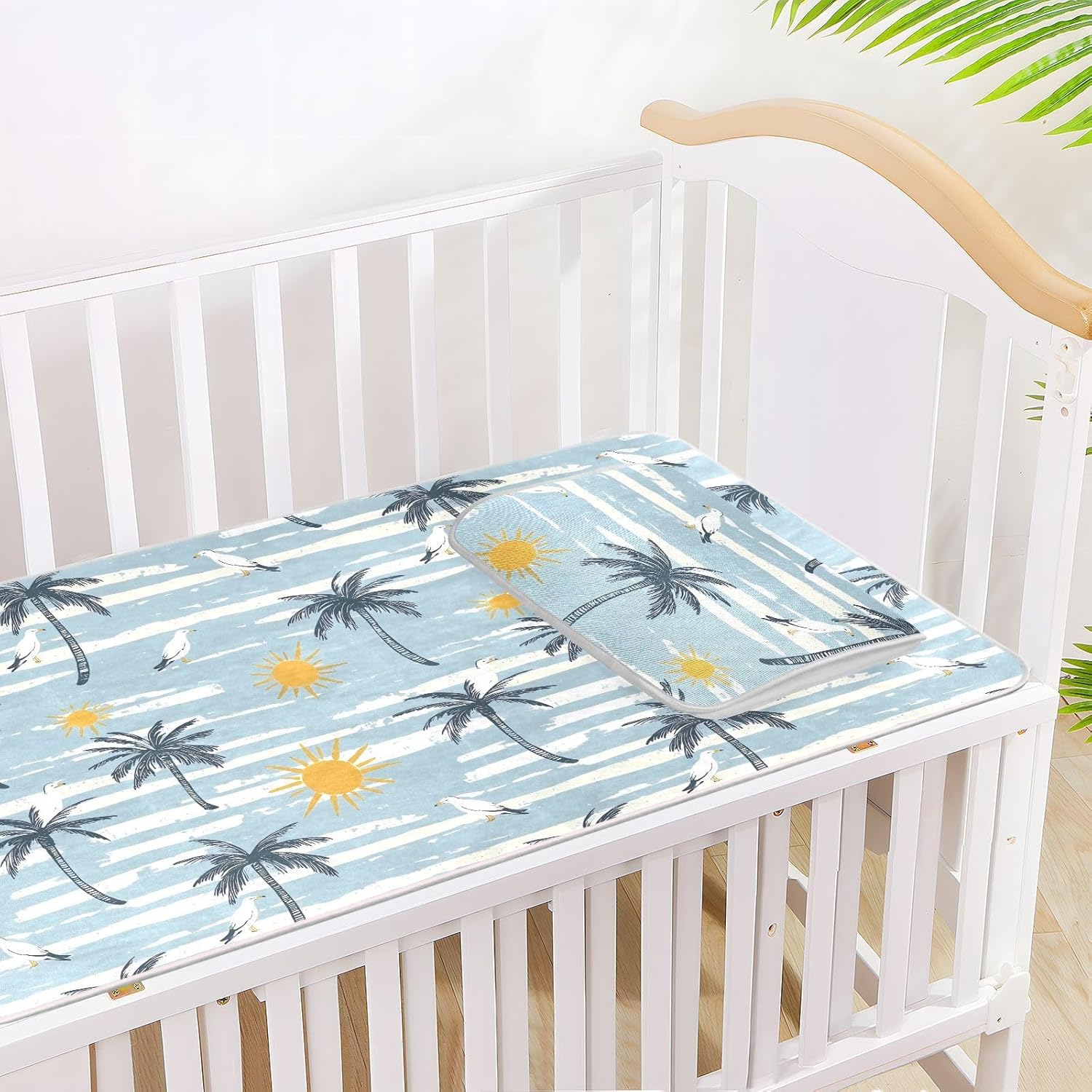 Cooling Baby Bed Mattress 28" x 52" Reusable Summer Palm Trees Blue Stripe Training Pads for Baby&Toddler
