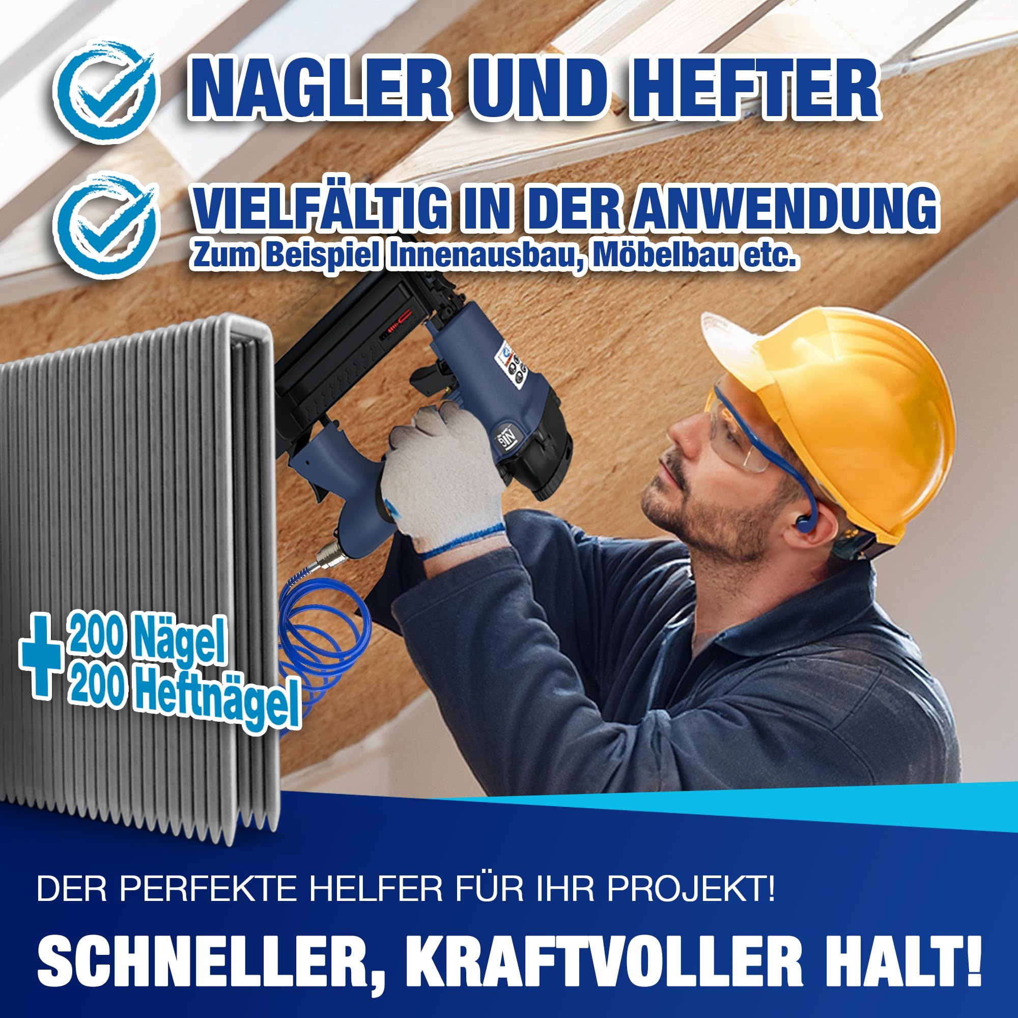 NTG Druckluft Nagler Nagelpistole Komplettset 1,1 kg 100 Stück Magazin 16-40 mm Tacker Klammergerät
