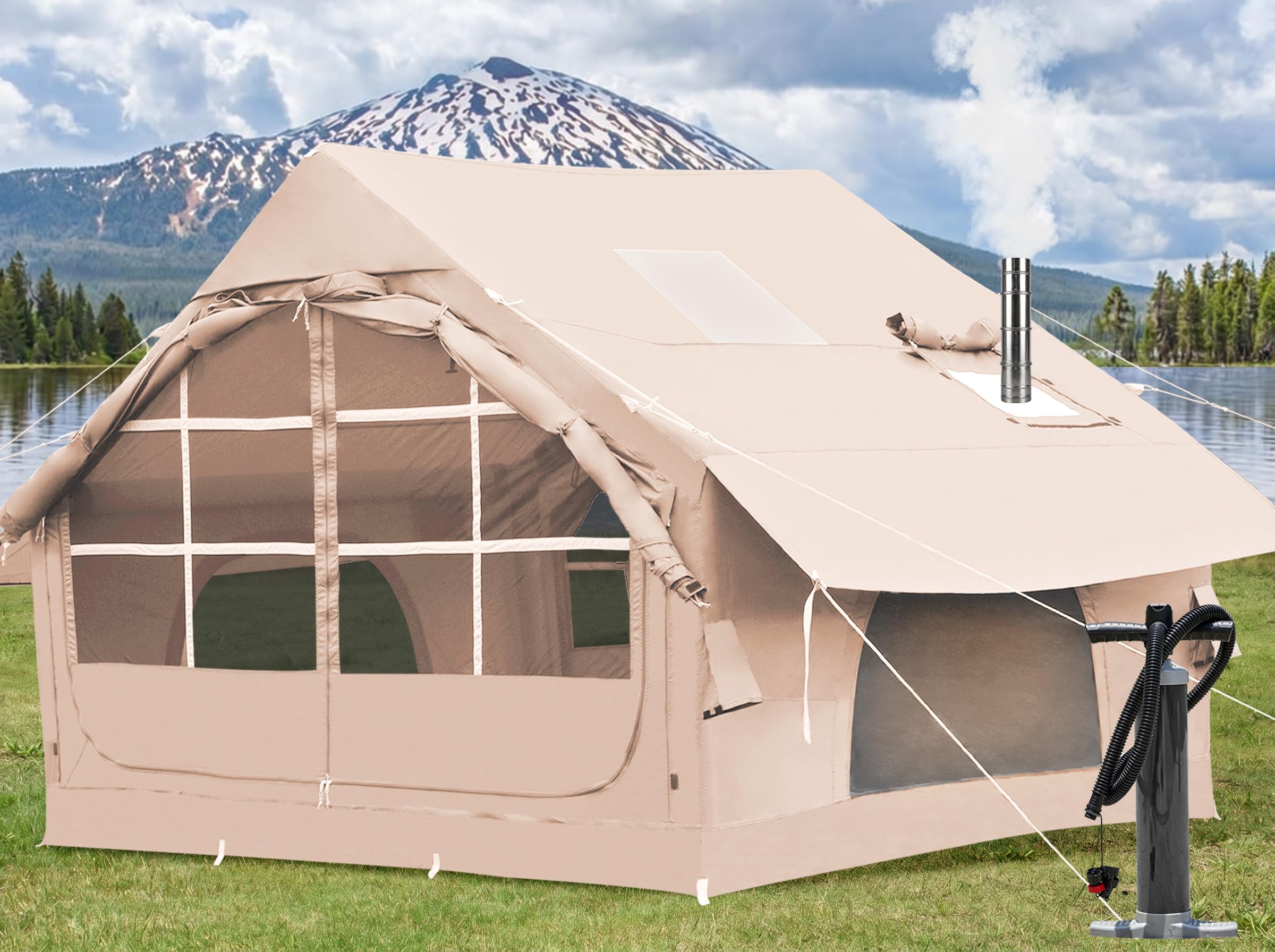 Inflatable Camping Tent for 4/6/8/10 Person, 4 Season Waterproof Blow Up Tent with Stove Jack &amp; Skylight, Easy Setup Air Tent for Glamping &amp; Family Camping