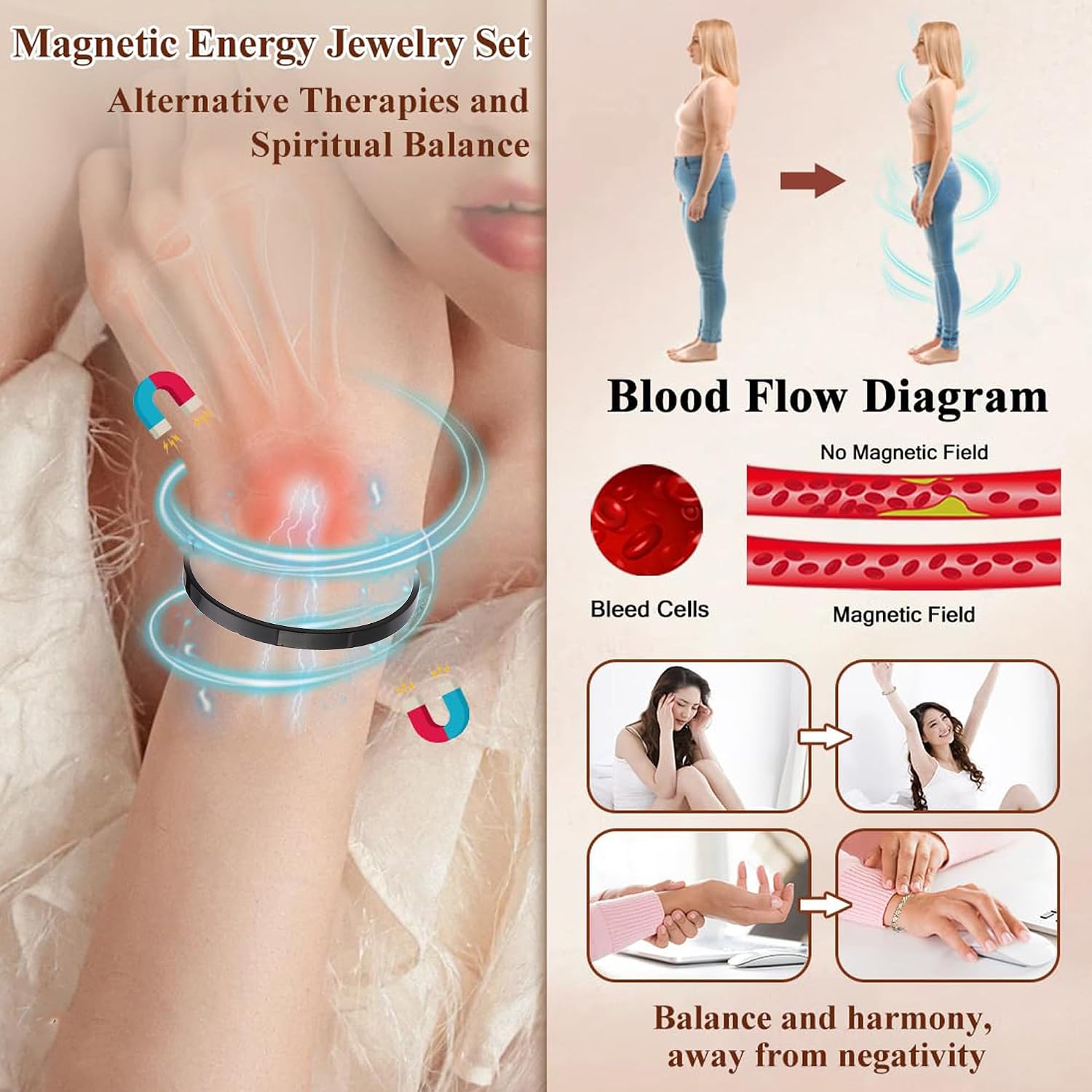 Vayro Bracelet Menopause, Original Mgntc Wellness Bracelet for Women and Men Adjustable Relief Pain Relieve Stress Cuff Bangle Stainless Steel Open Lightweight and Water-Resistant Bracelets