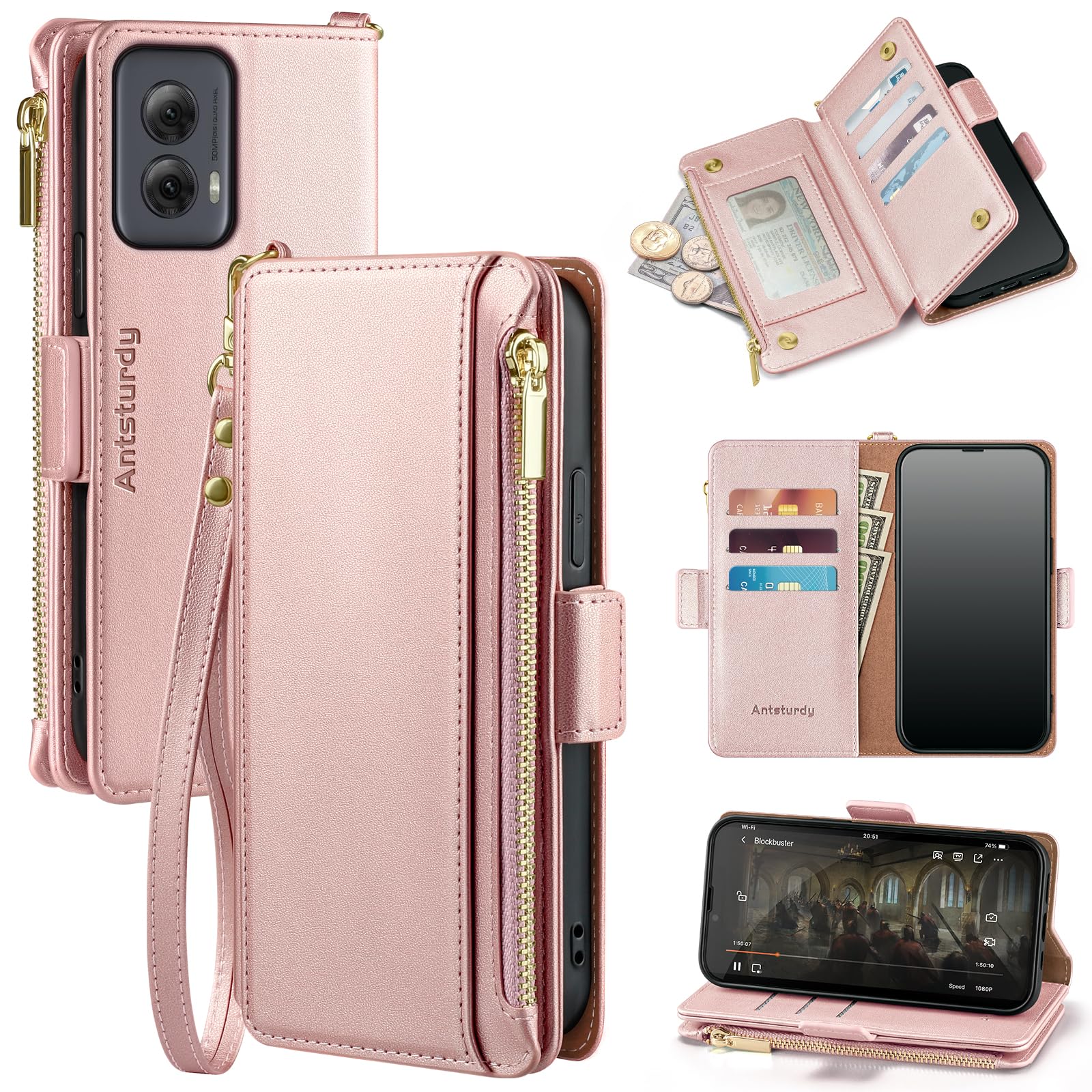 Antsturdy Compatible with Motorola Moto G Power 5G 2024 Wallet Case with Card Holder,Women Men PU Leather Flip Shockproof Phone Case RFID Blocking