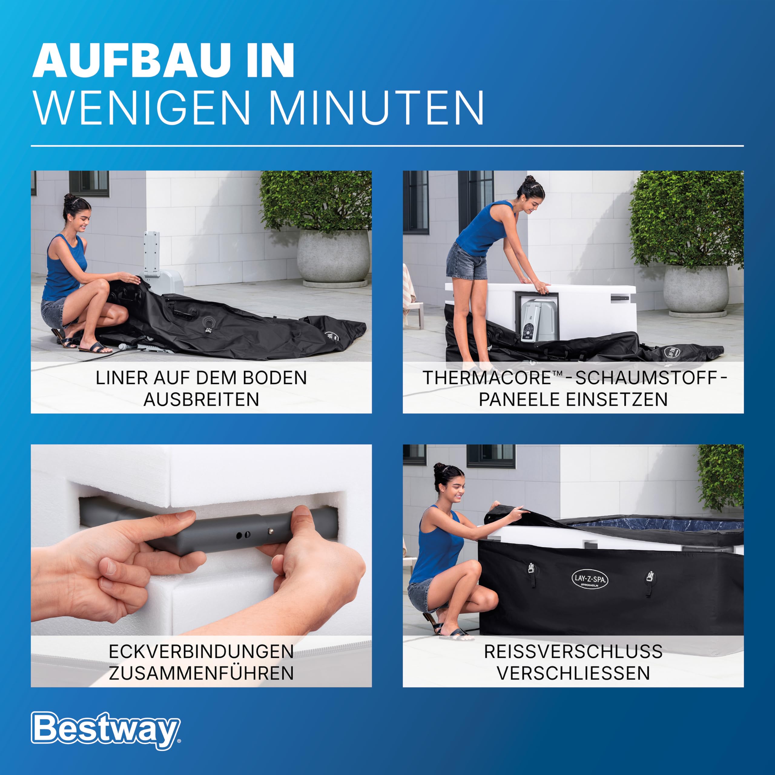 Bestway Lay-Z-SPA Stockholm AirJet Energiespar-Whirlpool 164x164 cm – Smarter Pool für 6 Personen mit App-Steuerung, 40°C Heizung, ThermaCore Isolierung & 140 Massagedüsen, Winterfest & Schwarz