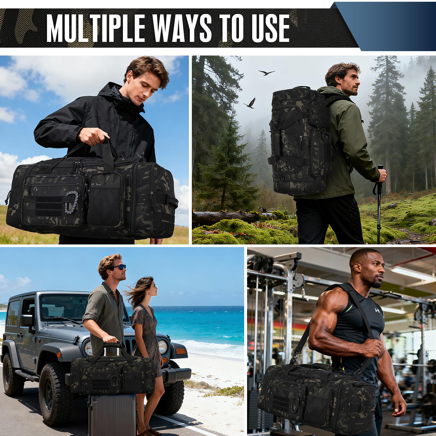 Borsone Tattico Palestra Uomo 50-55 Litri Espandibile 3 in 1 Borsa Zaino Sportiva Grande Militare da Viaggio con Scomparto per Scarpe e Tasca Bagnata per Allenamento, Viaggi, Campeggio, Camo