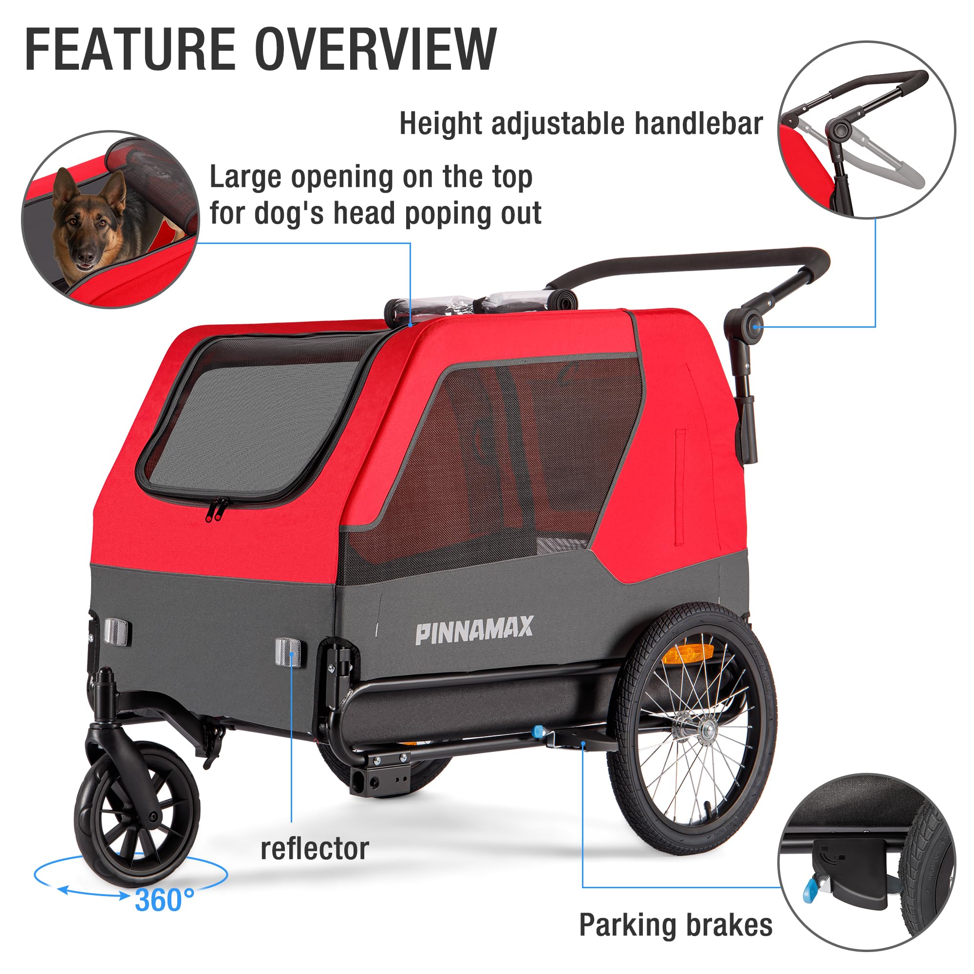 PINNAMAX Rimorchio per cani per biciclette 2 in 1, portata 45 kg, gancio universale