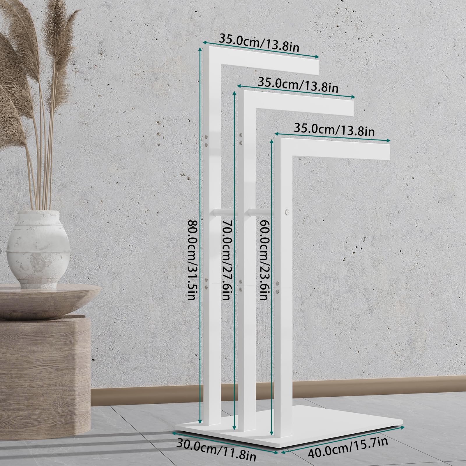 OUTBROS Porte Serviette sur Pied, Porte Serviettes Debout en Métal avec 3 Barres, Utilisé pour Les Salles de Bains, Les Chambres, Facile à Installer, Stable,40x30x80cm,Blanc