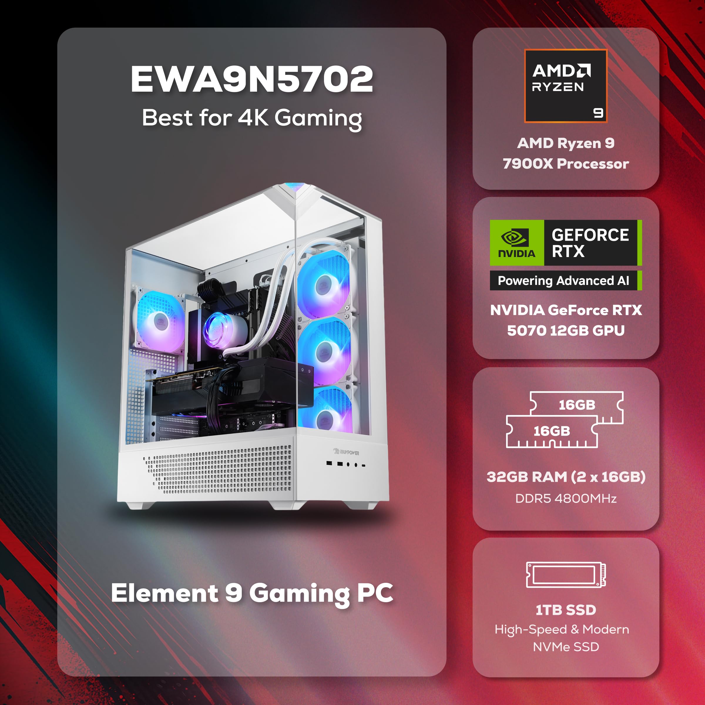 iBUYPOWER Element Gaming PC Desktop Computer AMD Ryzen 9 7900X CPU, NVIDIA GeForce RTX 5070 12GB GPU, 32GB DDR5 RAM, 1TB NVMe SSD, Windows 11 Home, Gamer Keyboard and Mouse - EWA9N5702 image 2