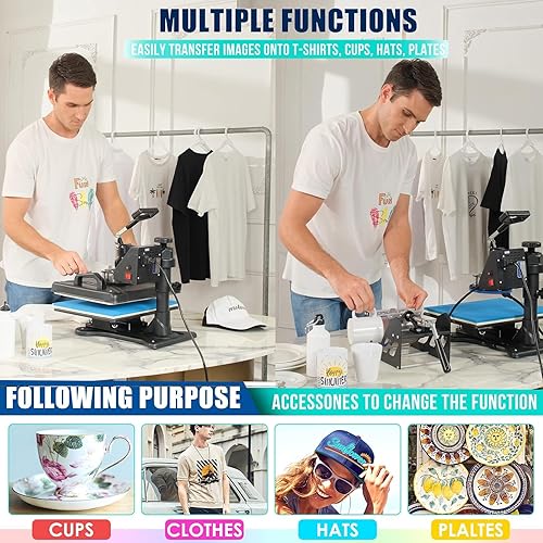 Miniatura 7 de AKEYDIY Máquina de prensa de calor mejorada 8 en 1, máquina de prensa digital multifunción para camisetas, máquina de sublimación de 12 x 15,