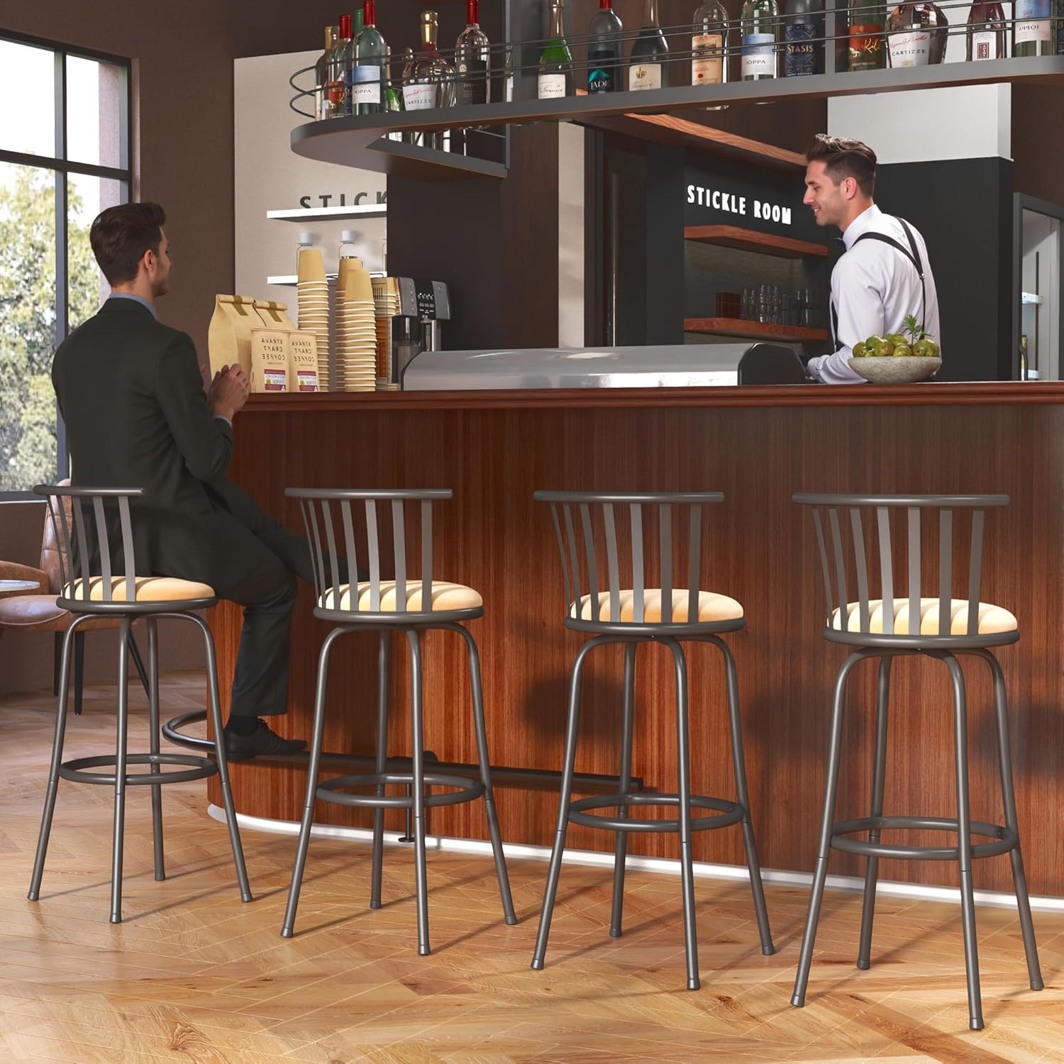 Homy Casa Bar Stools Set of 4 Swivel Industrial Barstools with Metal Back and Footrest, Country Style Counter Bar Chairs with Fabric Seat for Dining Kitchen Bar, Brown