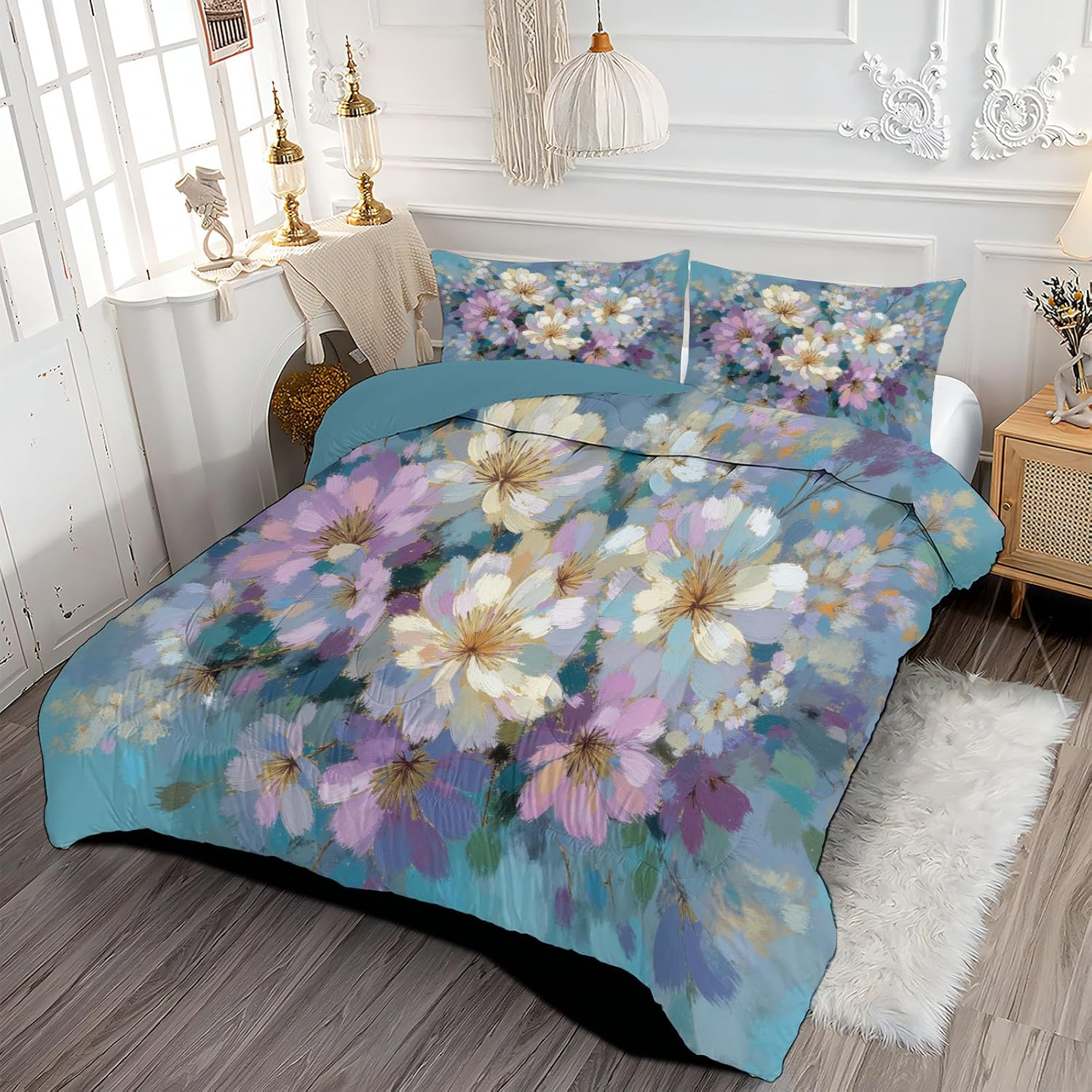Abstract Flowers Quilt Set Twin 3 Pieces, Light Blue Quilts Bedding Set Rich Floral Bouquet Bedspread Bed Cover Lightweight Spring Summer Beds Coverlet for All Season - 68"X90"