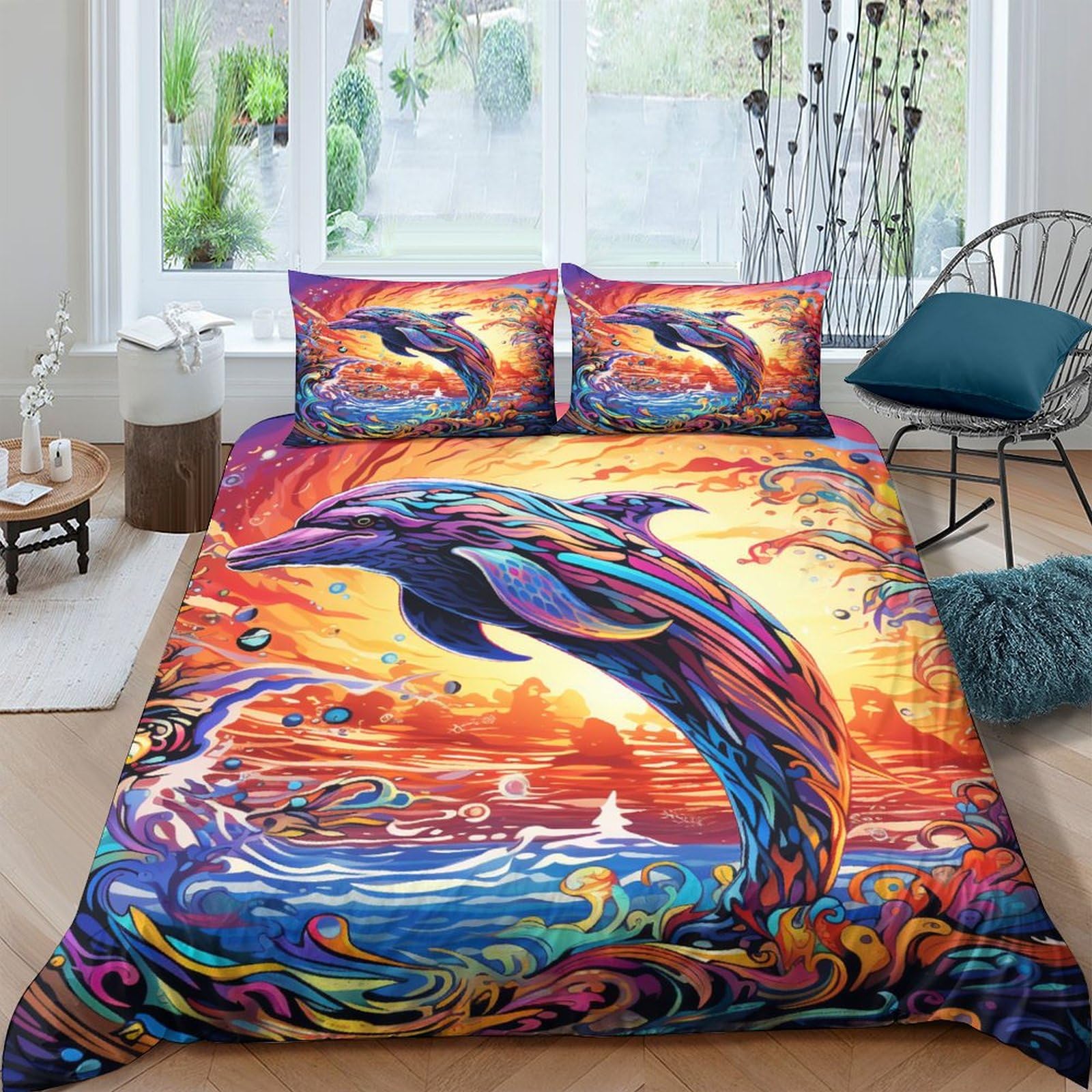 Housse de couette dauphin 200x200 avec taies d'oreiller en microfibre pour lit double