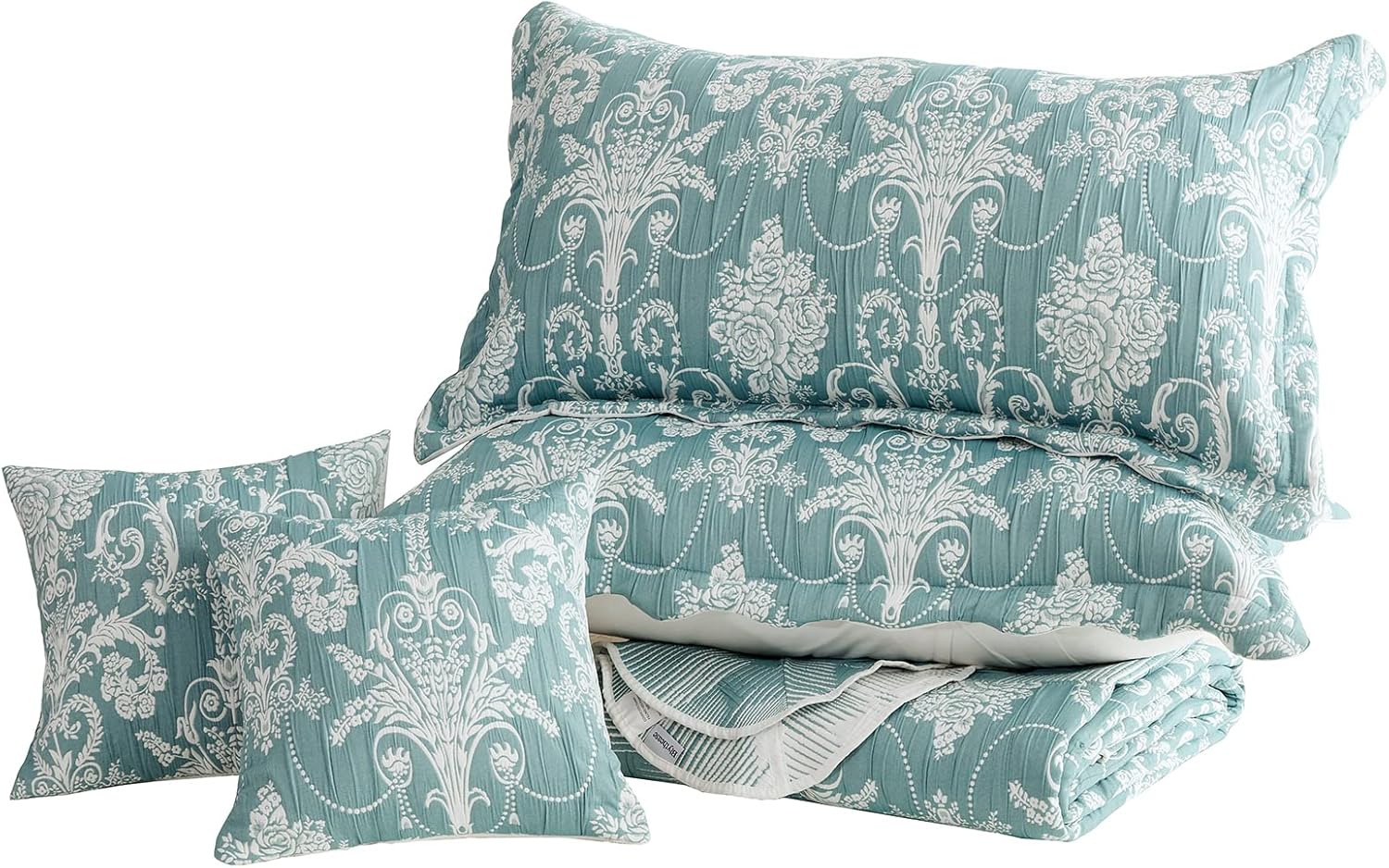 Oversized King Bedspread 128x120 Extra Wide, Jacquard Matelasse Damask Pattern Design, Lightweight, Reversible, 5 Piece, 100% Microfiber, Green - Image 9