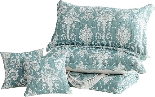 Miniatura 9 de Colcha extragrande King de 128 x 120 pulgadas, extra ancha, diseño de damasco jacquard matelasse, ligera, reversible, 5 piezas, 100% microfibra,