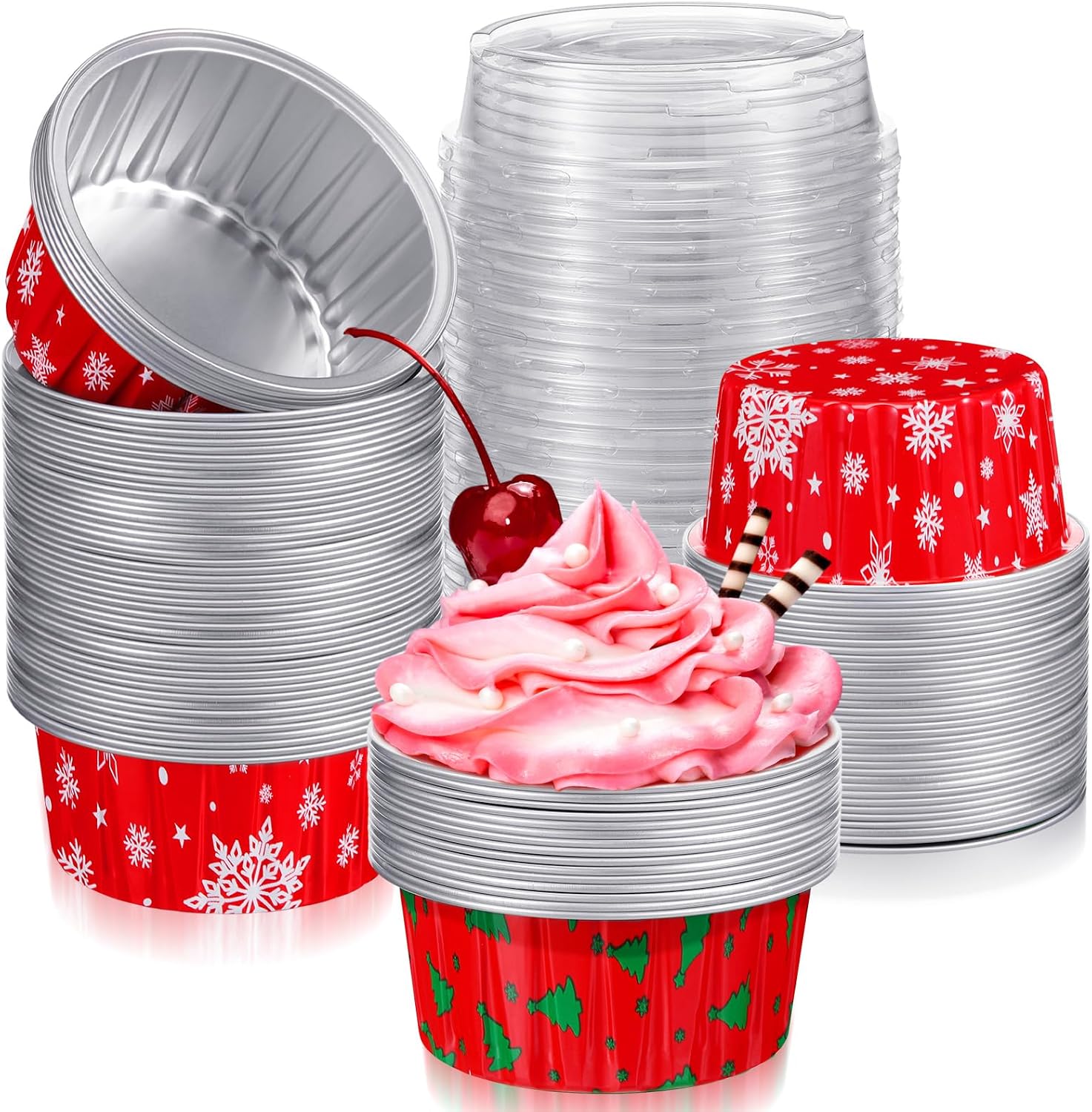 Umigy 100 Pcs Christmas Aluminum Foil Baking Cups with Lids 4.3oz Baking Liner Cups Xmas Disposable Ramekins Muffin Tins Cupcake Pan Foil Cupcake Containers(Snowflake, Christmas Tree)
