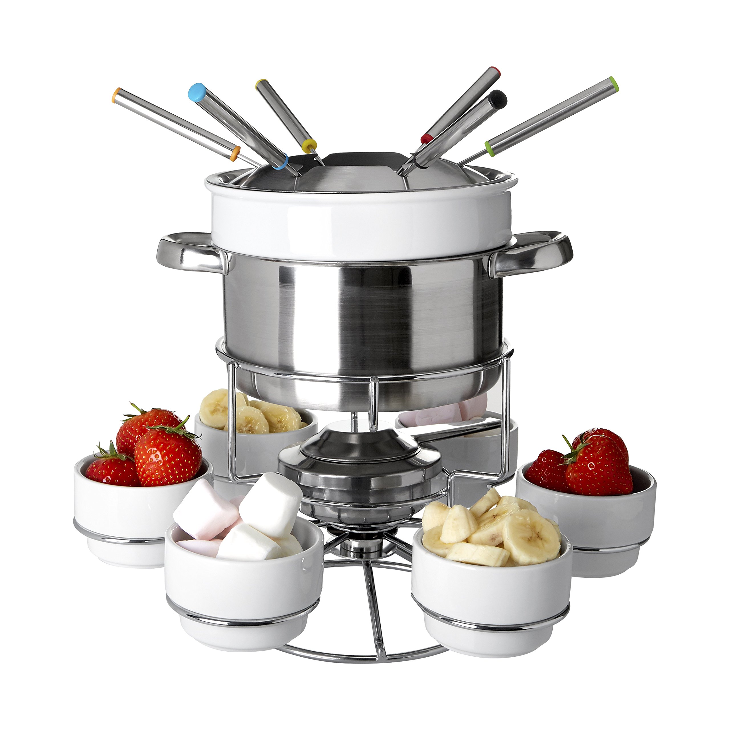 Service à Fondue en Acier Inoxydable et Porcelaine, Blanc- 6 Personnes