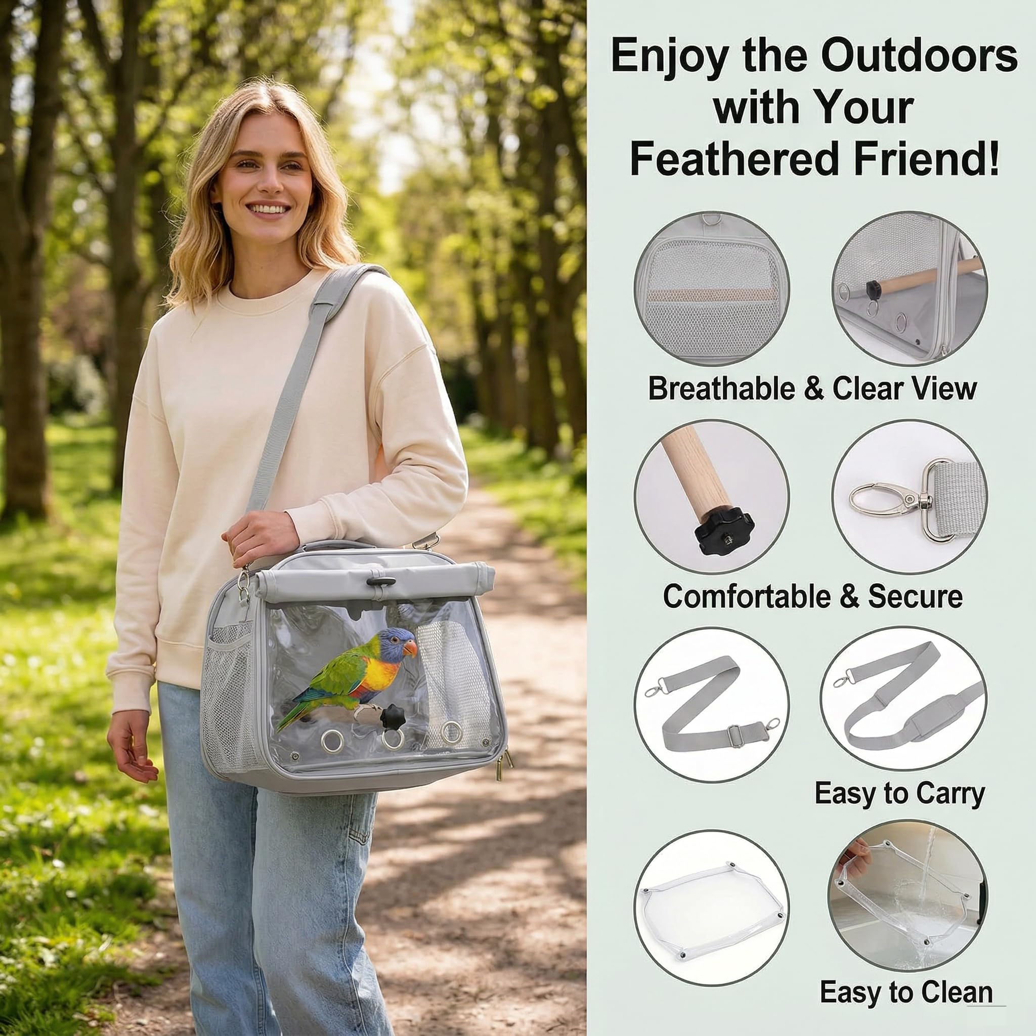 Jaula de viaje para pájaros pequeños, bolsa portátil con perchas de pie para loros, mochila transpirable para pájaros con ventana transparente para periquitos, cacatúas, periquitos, color gris