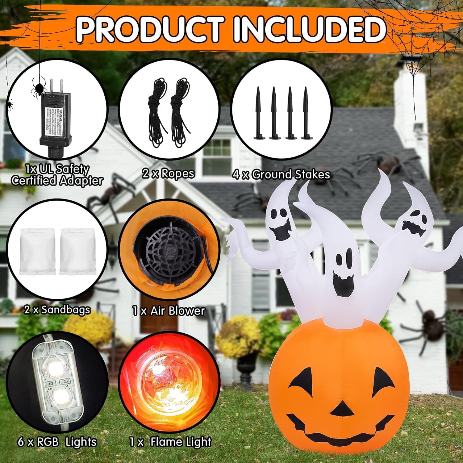 Halloween Inflatables Pumpkin Ghost Outdoor Decorations 6ft Giant Blow Up Three Ghost Inflatable Yard Decor with Built-in Colorful LED Lights for Holiday Party Lawn Garden Home Indoor Outside