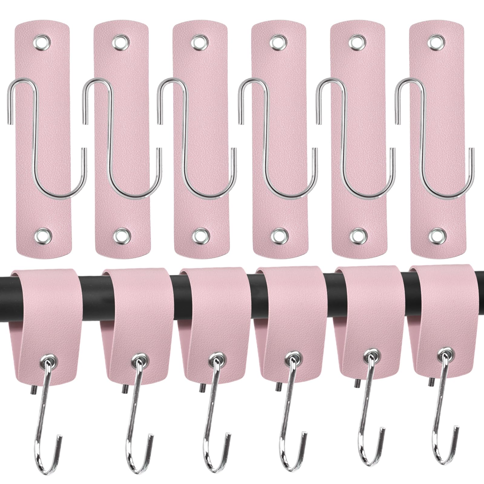 GGXZHT Kleiderhaken Garderoben,12 Stück S Haken mit Lederschlaufe | 13.*3cm Haken zum EinhängenMetall,für GarderobeKüche kleiderstange Badezimmer Camping(Rosa)