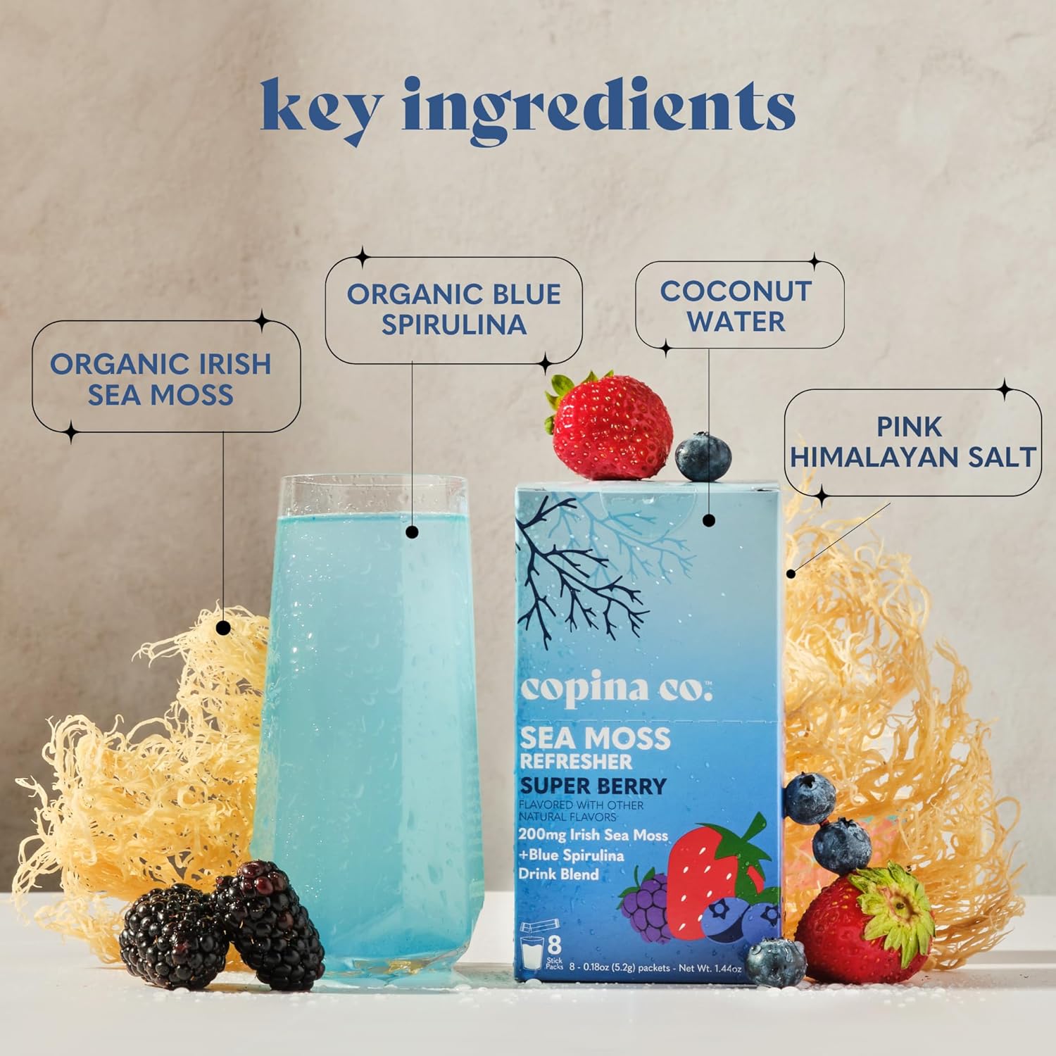 Copina Co. Irish Sea Moss Powder Drink - Super Berry with Organic Blue Spirulina - 200mg Organic Sea Moss for Gut & Skin Health, Immunity - Natural Electrolytes I 16 Stick Packs - Image 8