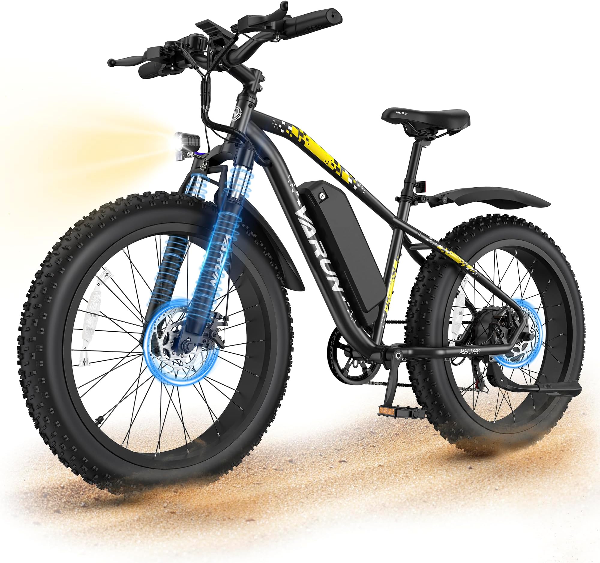 VARUN M26-2 Pro E Bikes for Men - Peak 750W/1000W Ebikes for Adults - Fat Tire EBike Up to 25MPH/28MPH 60+ Miles with 48V 13AH/15AH Removable Battery - 26" Electric Bike,7-Speed, Lockable Suspension