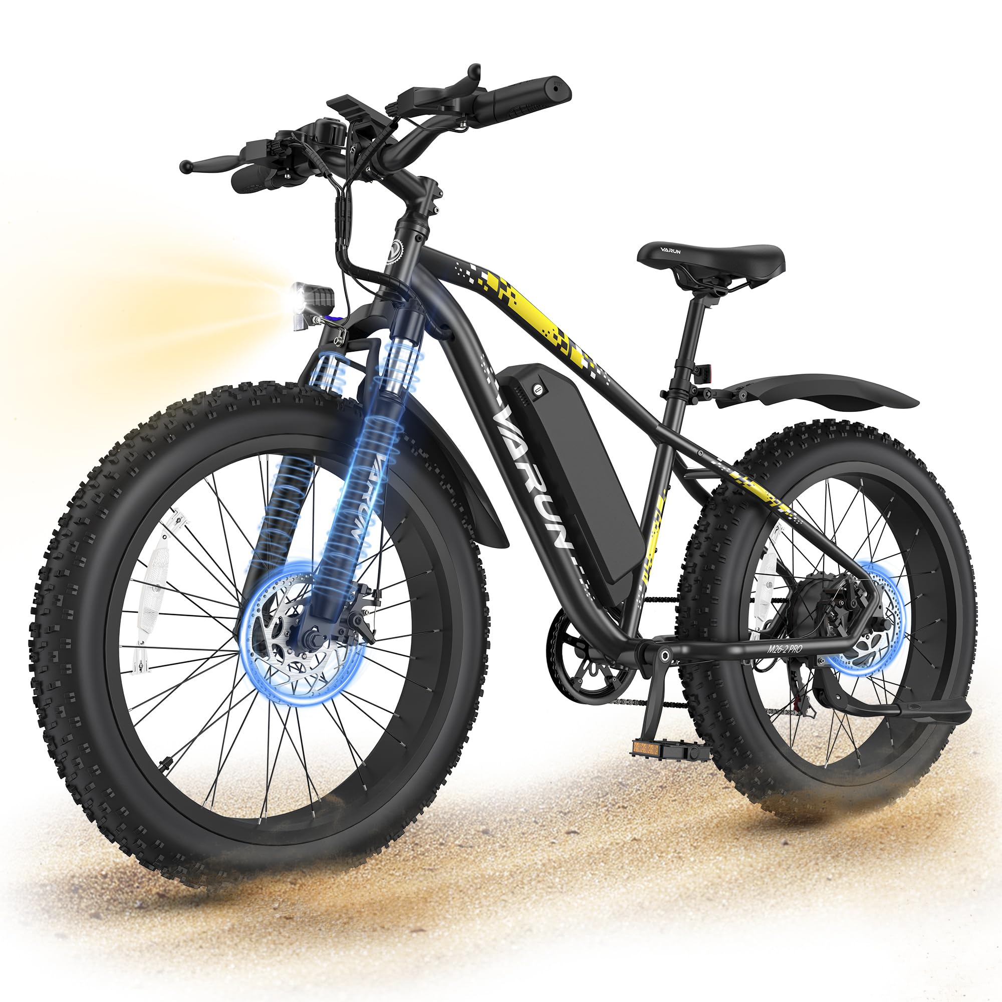 VARUN M26-2 Pro E Bikes for Men - Peak 750W/1000W Ebikes for Adults - Fat Tire EBike Up to 25MPH/28MPH 60+ Miles with 48V 13AH/15AH Removable Battery - 26" Electric Bike,7-Speed, Lockable Suspension