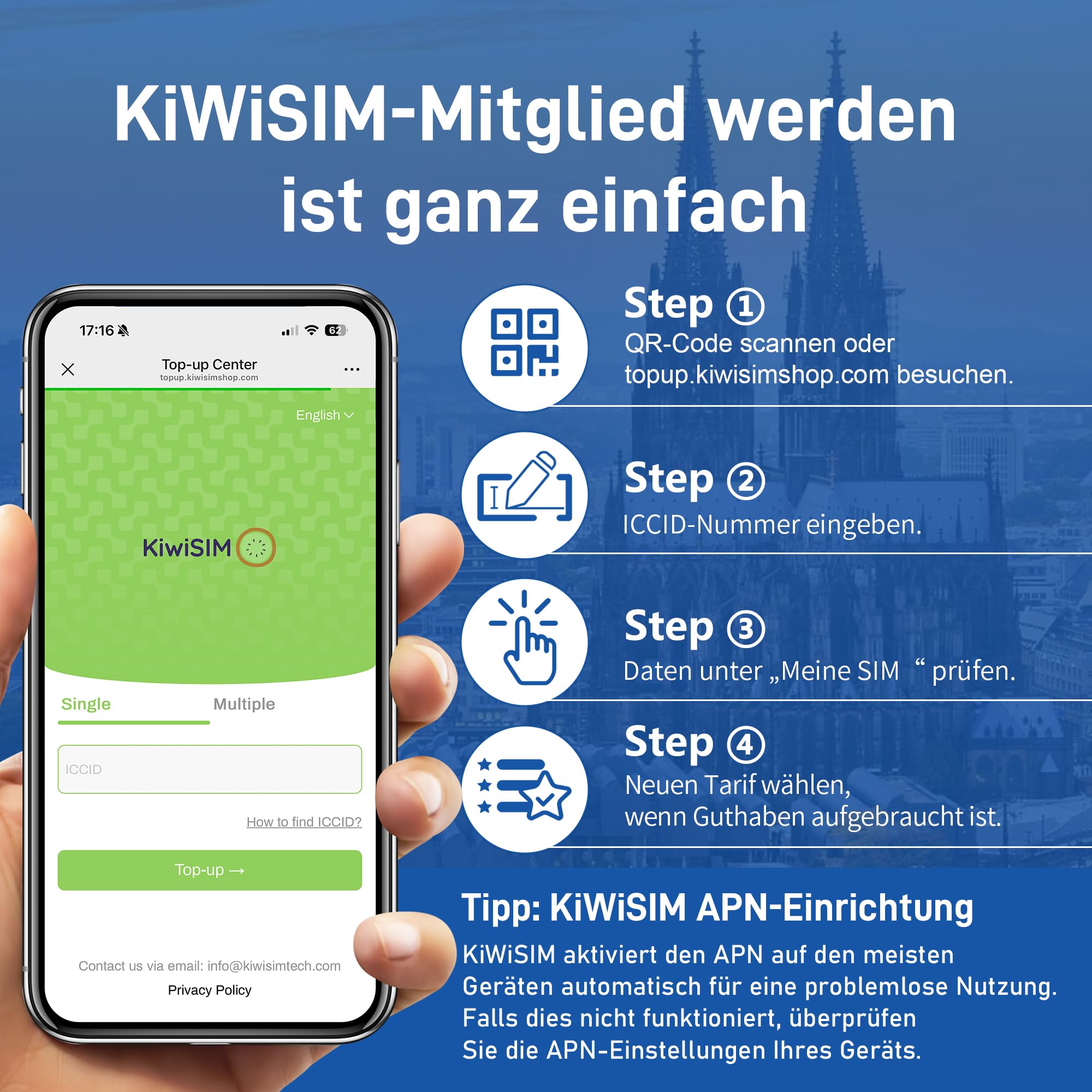 KiwiSIM Karta SIM przedpłacona 1 GB 30 dni 4G LTE – Globalne użytkowanie w 45 krajach | Kompatybilna z Telefónica, O₂, Vodafone | Dla smartfonów, punktów hotspot, kamer i urządzeń GPS