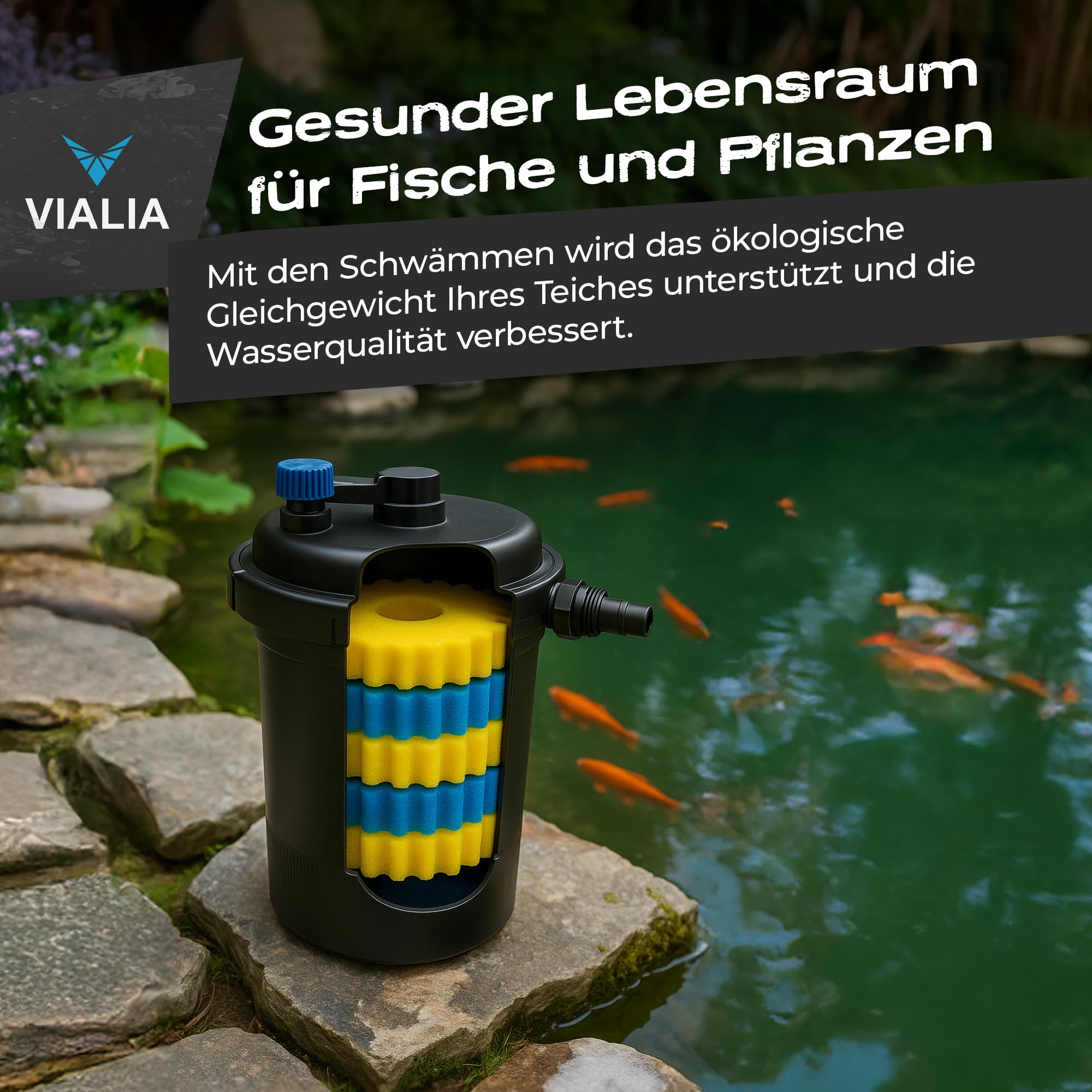 Filterschwämme Set für Teichfilter CPF-2500 | 4X biologische Ersatzschwämme (2X blau grob, 2X gelb fein) | Ø 23 cm | Passgenau für mechanische & biologische Reinigung | Klares Wasser