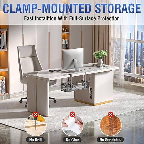 Miniatura 4 de Bandeja de organización de cables para debajo del escritorio, organizador de cables sin taladrar con abrazadera, organizadores de espacio de trabajo