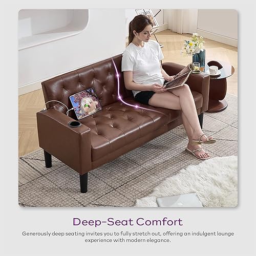 Miniatura 8 de TYBOATLE Sofá biplaza de cuero de 62 pulgadas de ancho con sillas, juegos de sofá de 3 piezas para sala de estar con 2 puertos de carga USB y 2