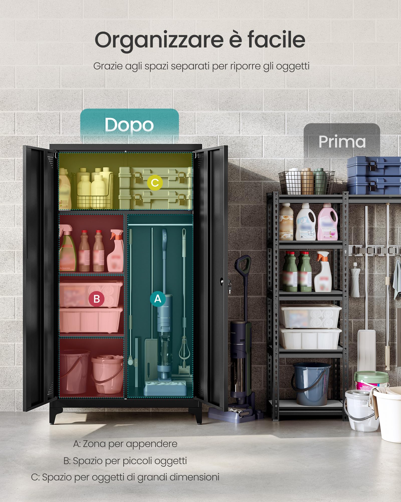 SONGMICS Armadio Multiuso, Guardaroba, Mobile da Ufficio in Metallo, con 2 Ante, 5 Scomparti, Barra Appendiabiti, Chiusura a Chiave, Piedini Alti, 80 x 40 x 165 cm, Nero Opaco OMC018BD01