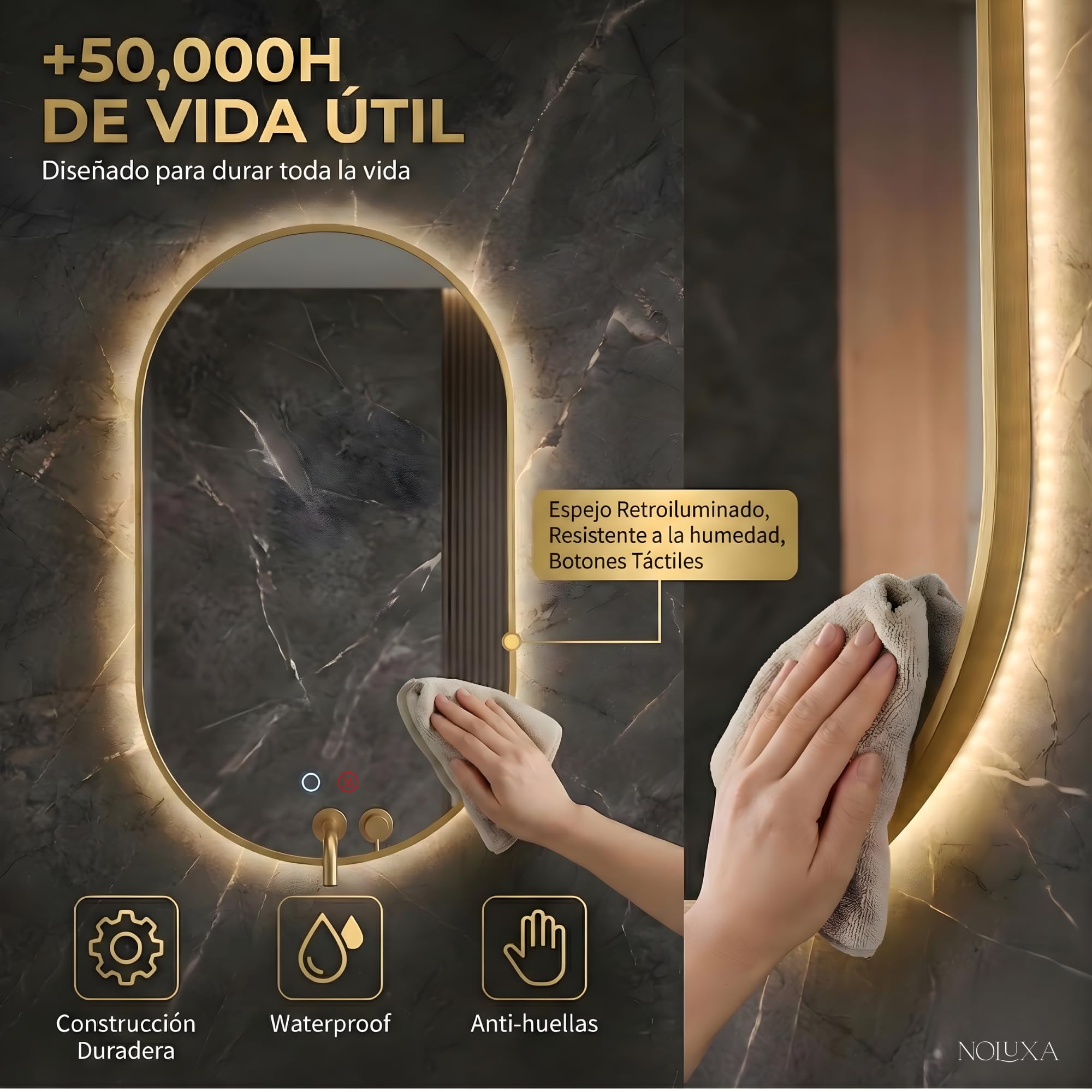 NOLUXA LEDIMEX - Espejo 50x90cm Retroiluminado Baño Dorado con Luz LED y Antivaho | Espejo Inteligente Ovalado Triled (Cálida, Neutra y Fría) y Sensor ON/Off | Serie Tokyo | Color Oro Cepillado
