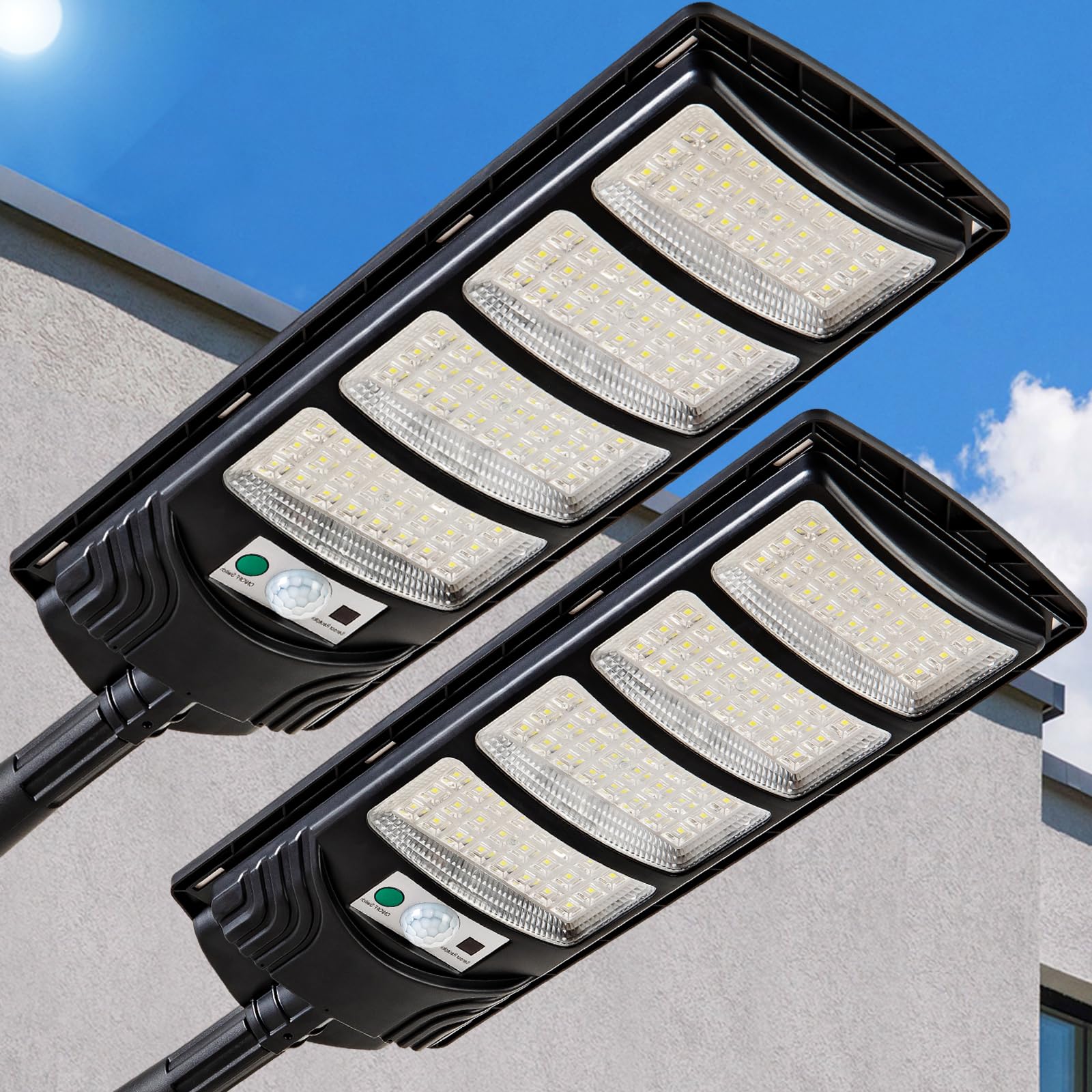 Photo 1 of ****ONE IS NON FUNCTIONAL *** Solar Street Lights Outdoor Waterproof, LED Dusk to Dawn Solar Light, Flood Lights with Motion Sensor and Remote Control, for Exterior Wall, Patio, Yard, Deck, Garden,Parking Lot Lights(2-Pack)