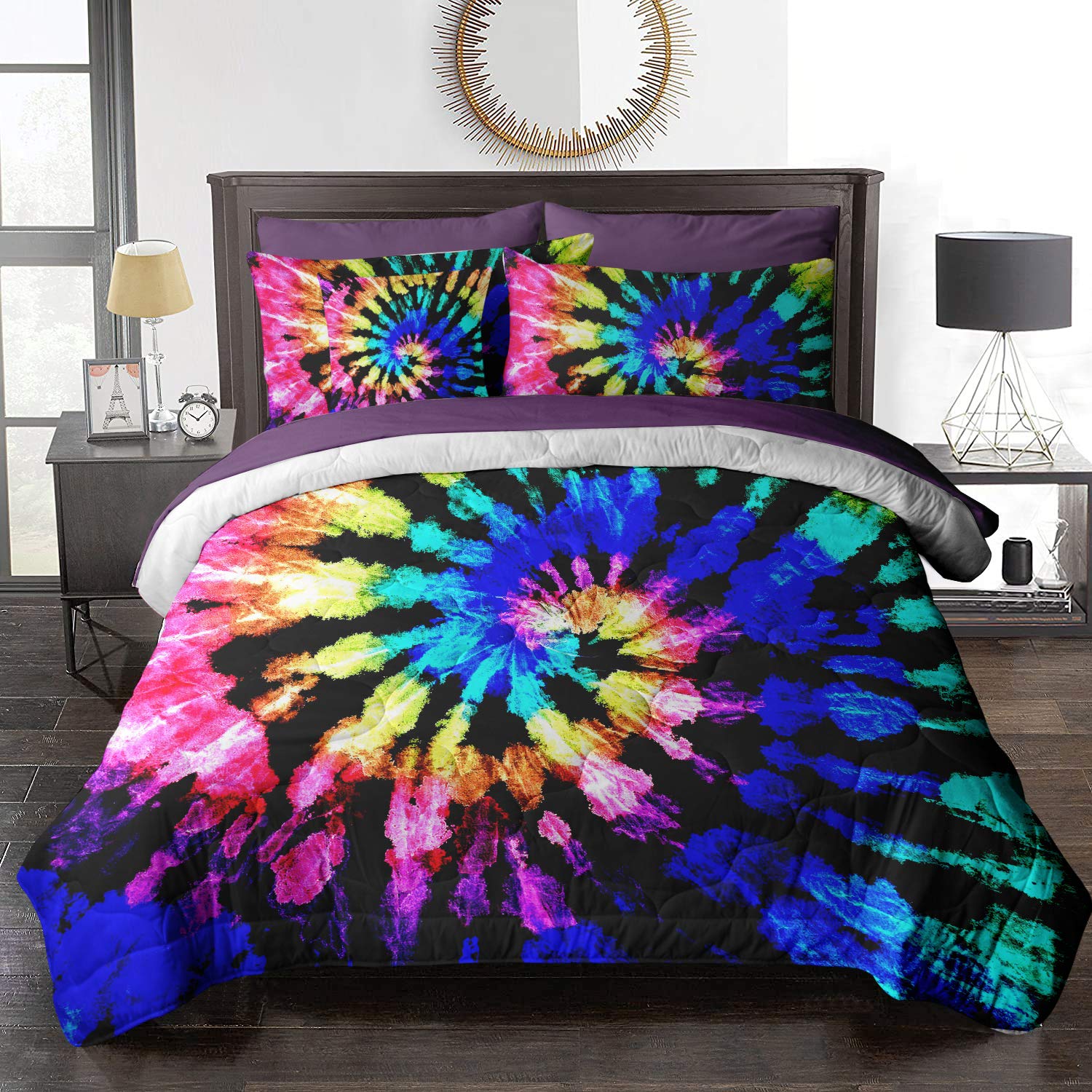 BlessLiving Boho Bed in A Bag Twin Tie Dye Comforter Set 8 Pieces Blue Purple Reversible Bedding Set (1 Comforter, 2 Pillowcases, 2 Pillow Shams, 1 Flat Sheet, 1 Fitted Sheet, 1 Cushion Cover)